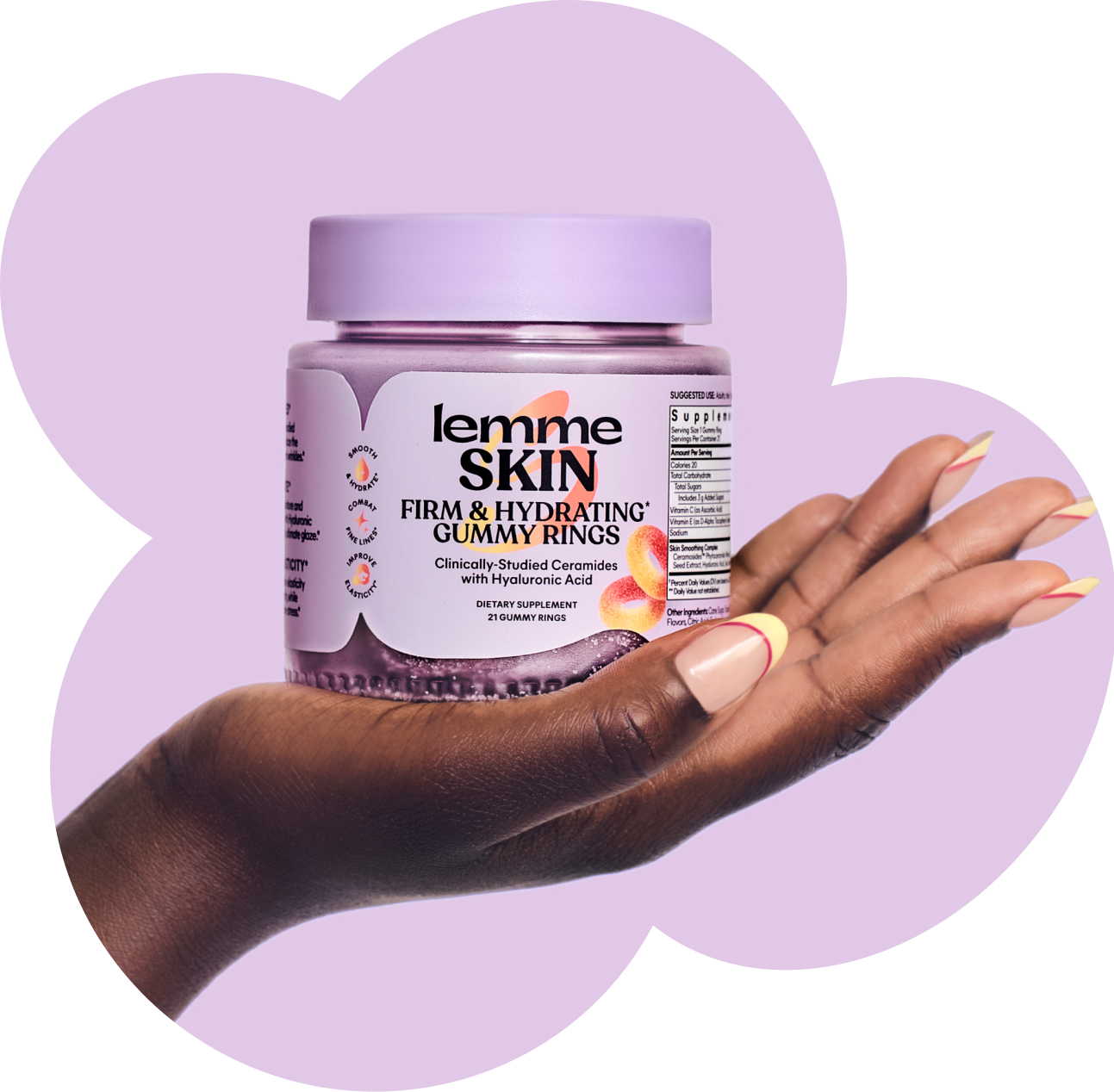 A hand holding a bottle of Lemme Skin Firm & Hydrating Gummy Rings against a stylized lavender cloud-shaped background on a white field.