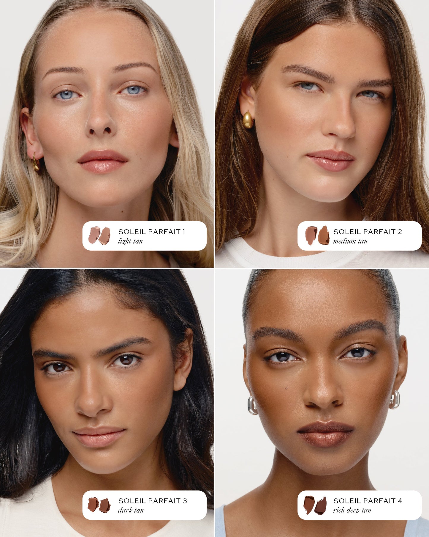 Four women with different skin tones and a 'Soleil Parfait' label.