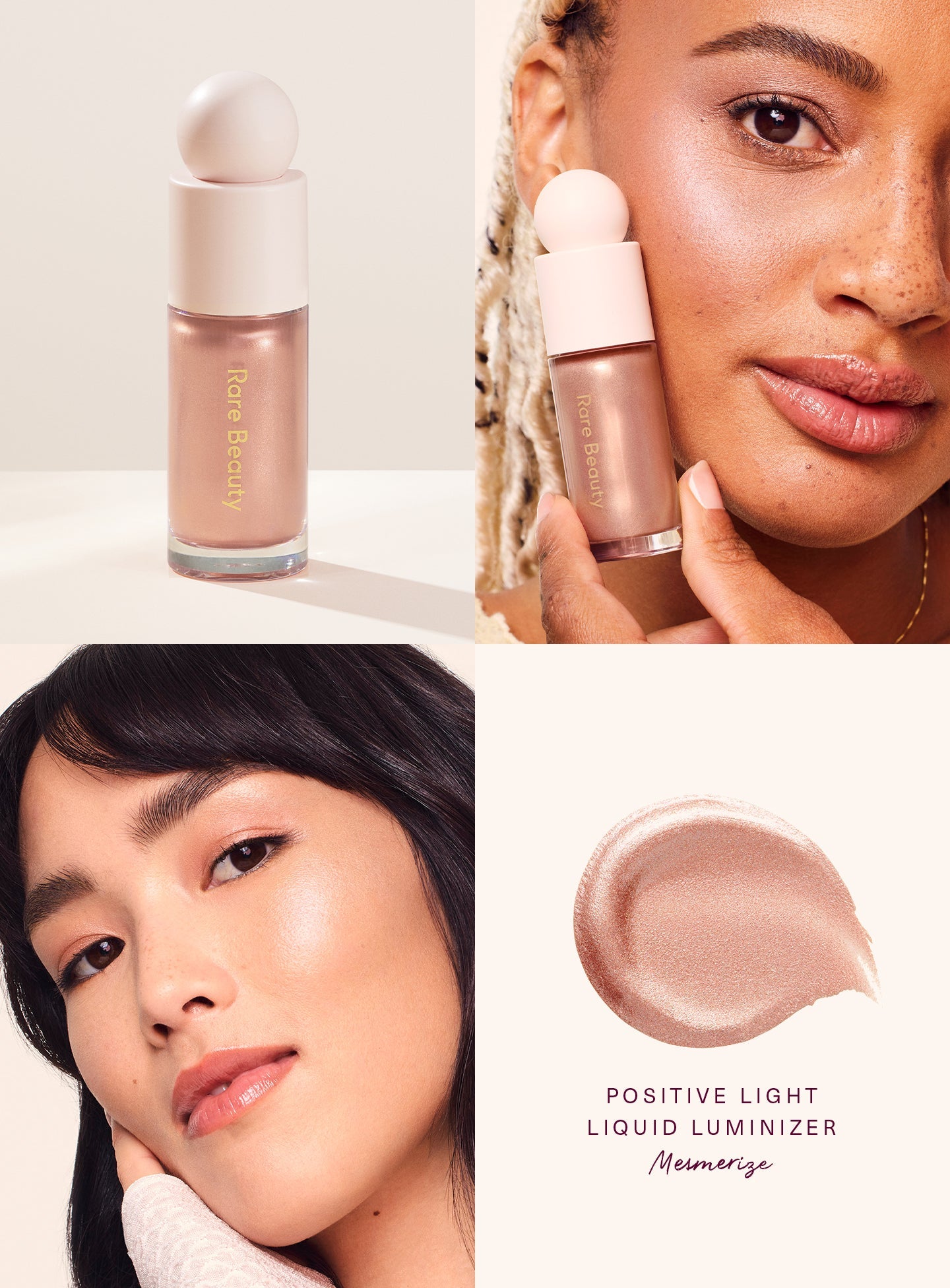 Mesmerize| The bottle, a swatch, and two models wearing Rare Beauty's Positive Light Liquid Luminizer in shade "Mesmerize."