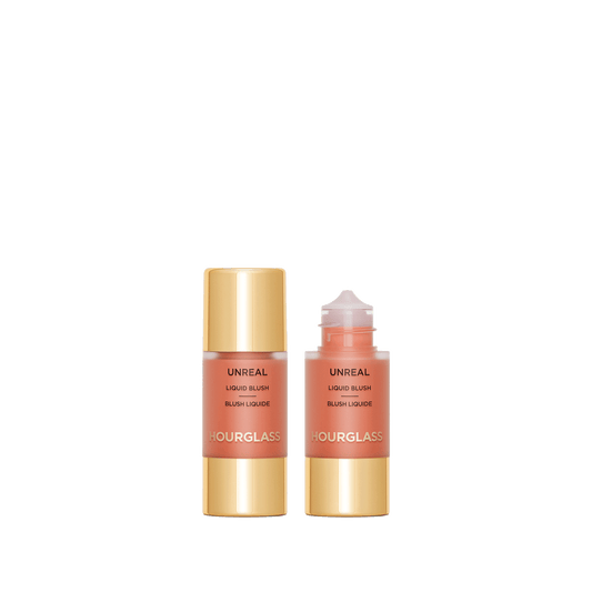 Luxury peach-toned liquid blush duo with gold caps, creamy dewy texture visible.