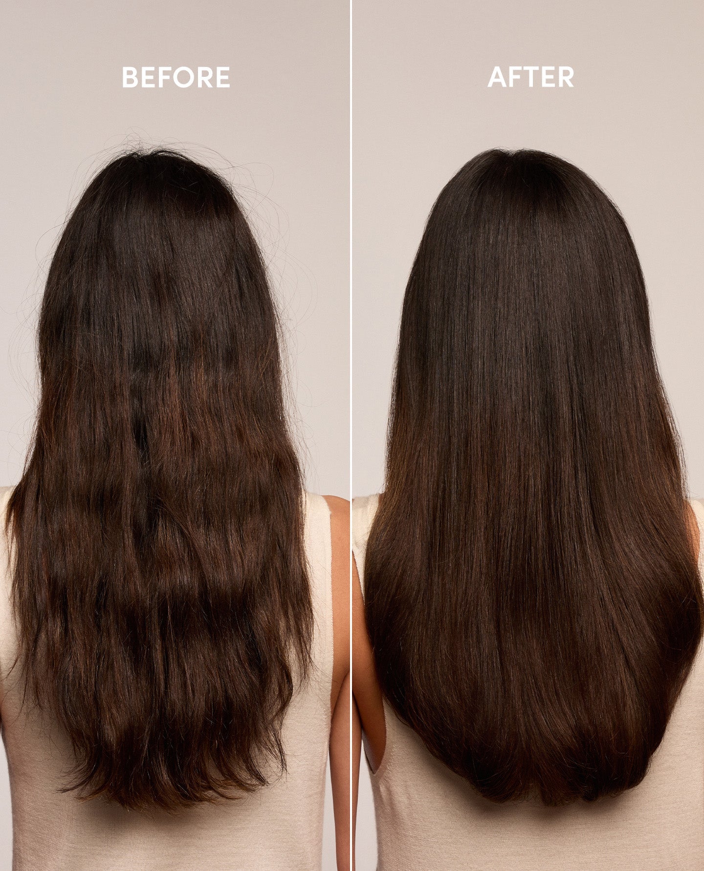 Before and after comparison of a woman's long dark brown hair, showing frizzy, wavy hair on the left labeled 'BEFORE' and smooth, straight hair on the right labeled 'AFTER'.