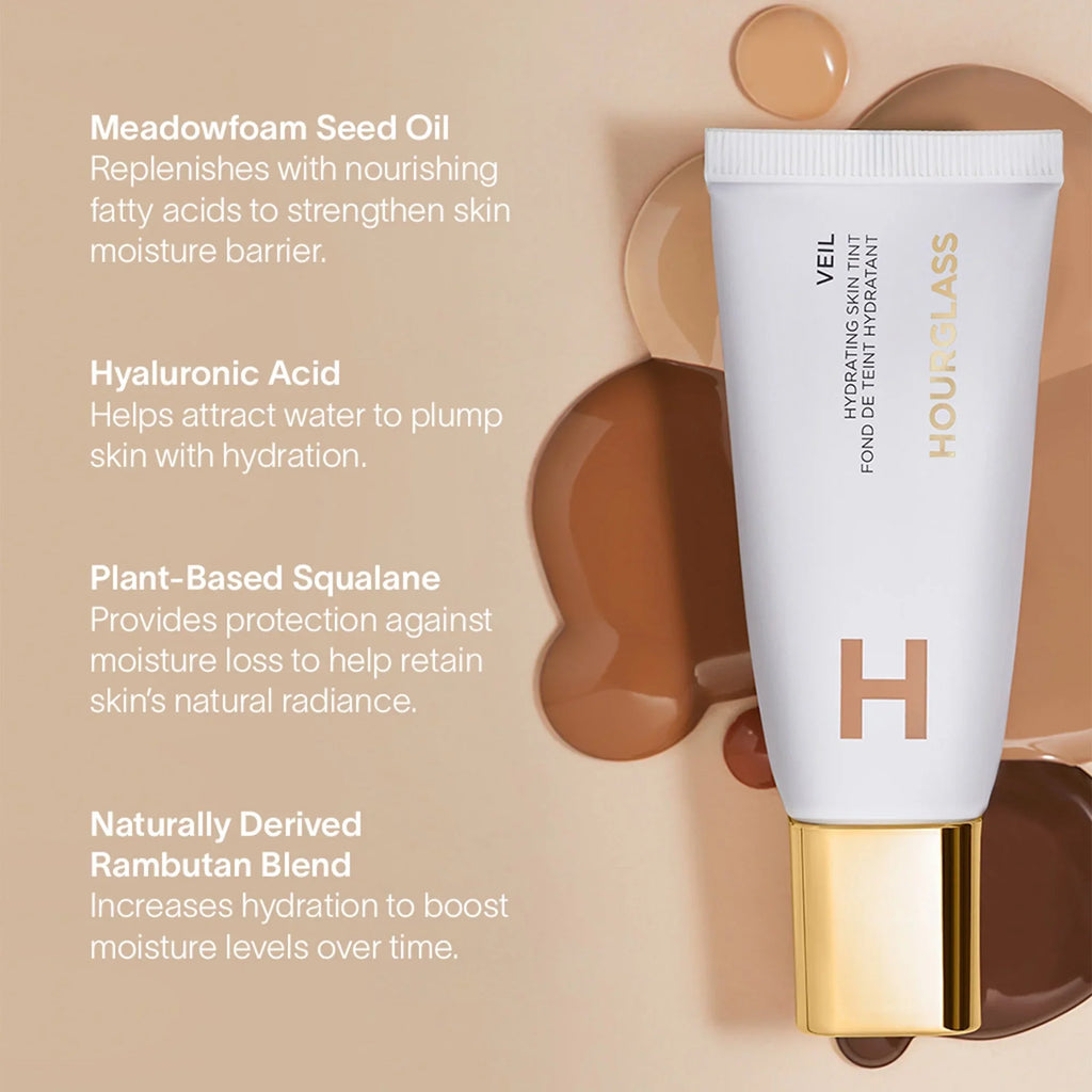 Hourglass Veil hydrating skin tint with creamy textures in beige and brown, luxury skincare infographic.