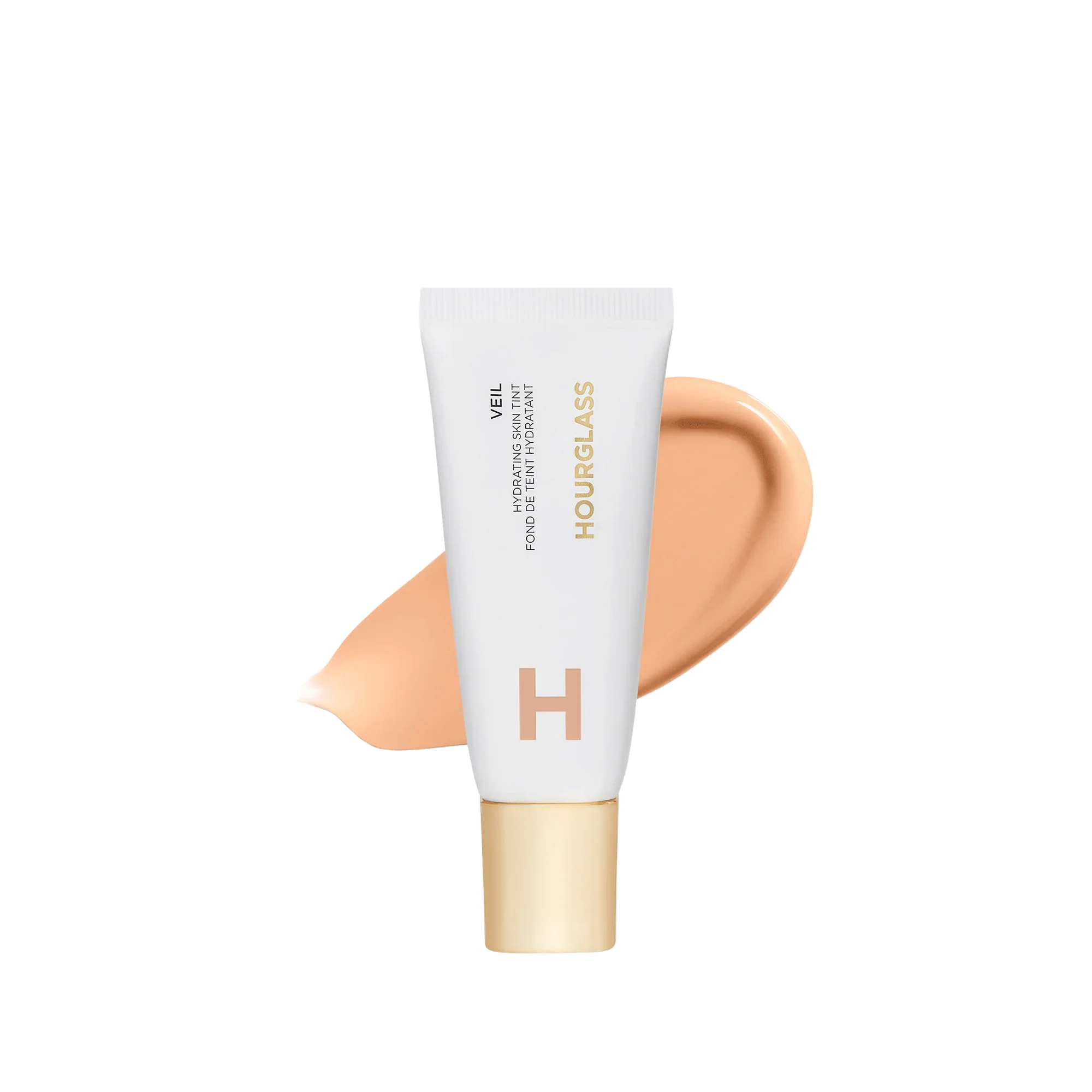 Hourglass Veil hydrating skin tint in elegant tube with creamy beige swatch, luxe skincare