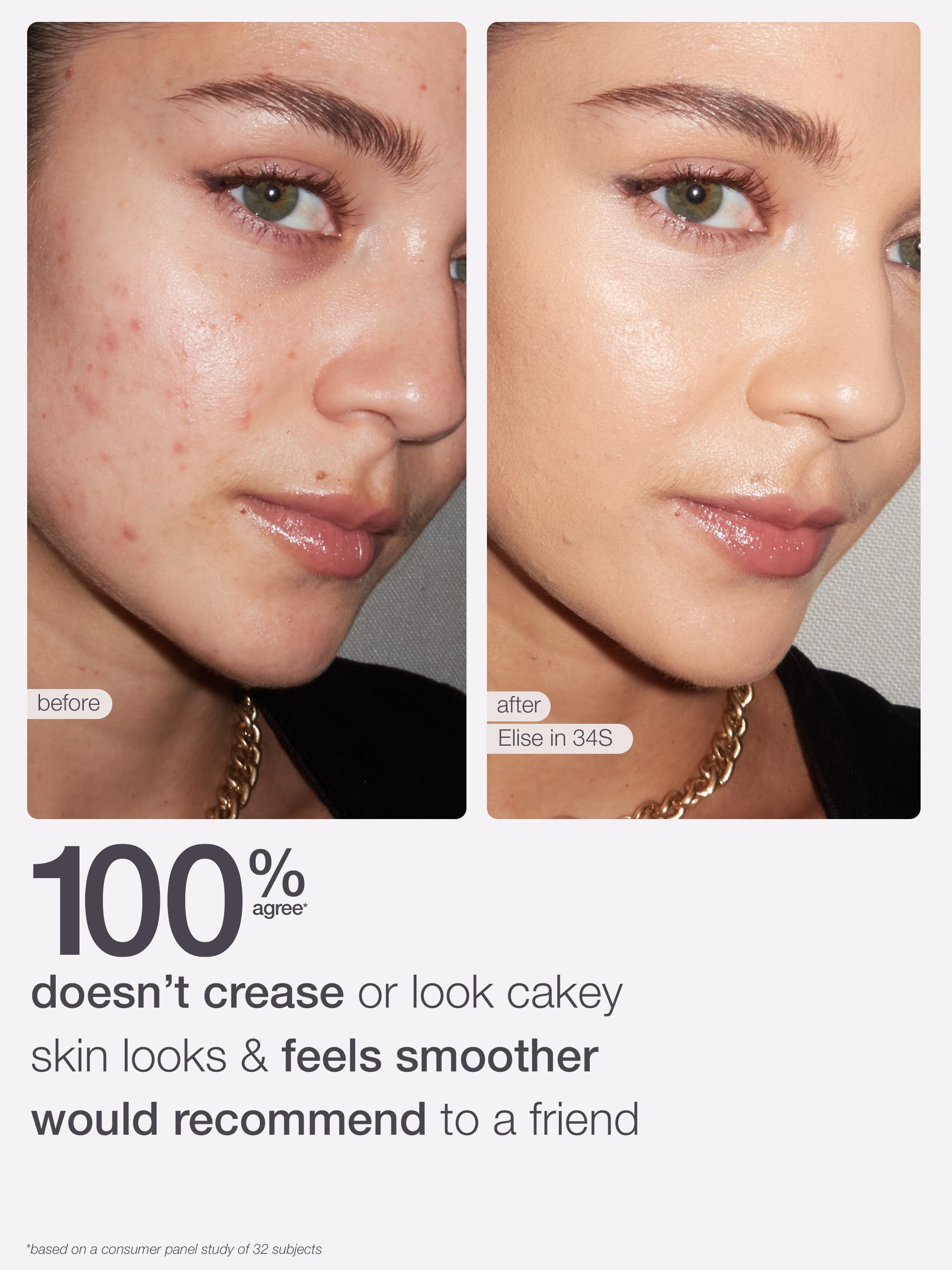 Before and after comparison of a woman's face with makeup application, showing a smoother skin texture.