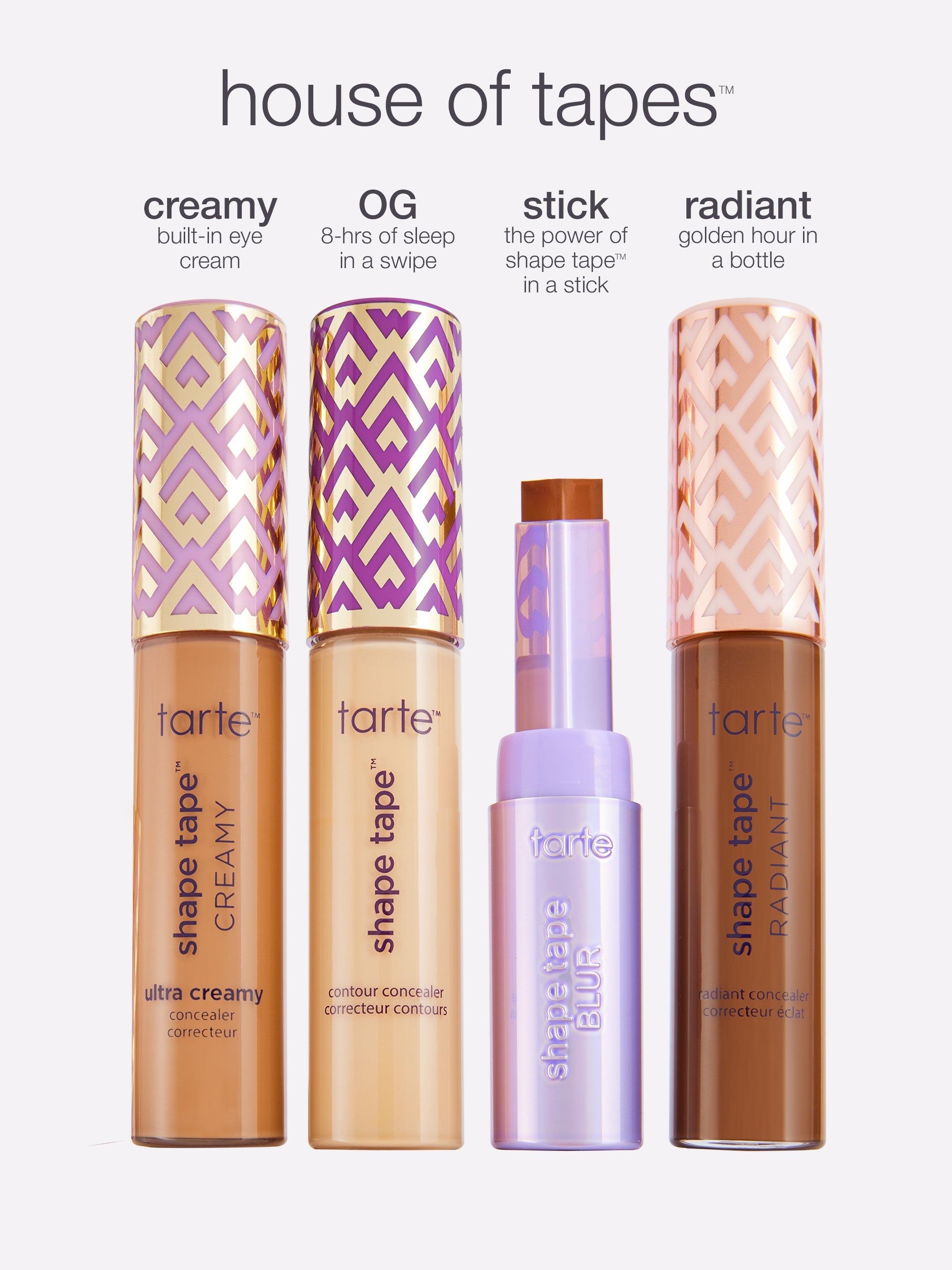 Tarte concealer products with 'shape tape' and 'creamy' labels on a purple background.