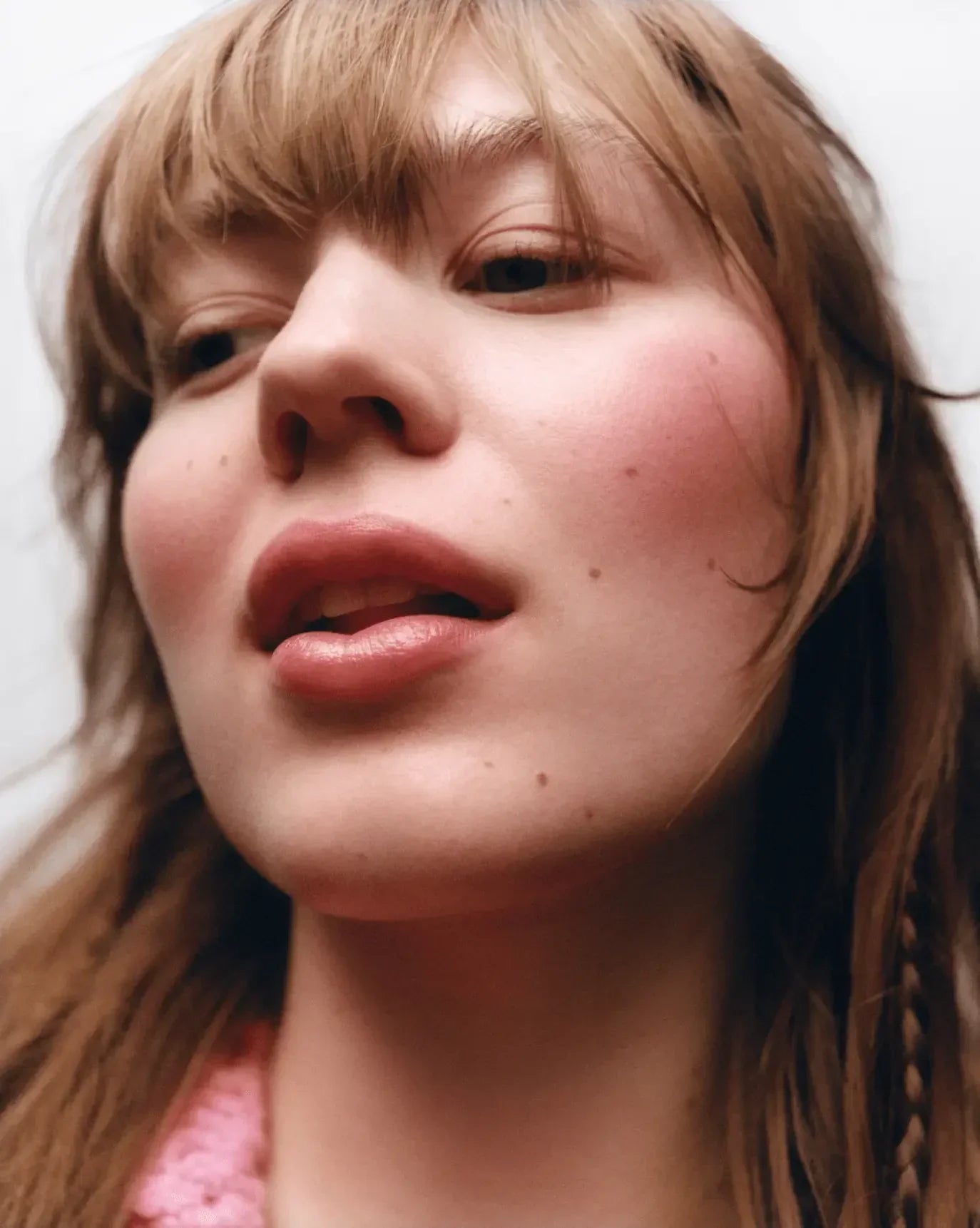 Model with soft pink blush and natural dewy finish on cheeks, close-up beauty shot