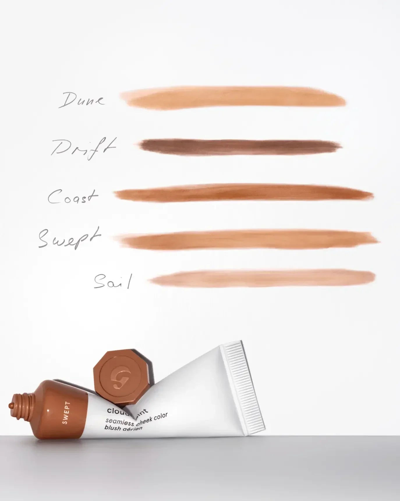 Five creamy blush swatches in nude and brown tones with a sleek, opened blush tube