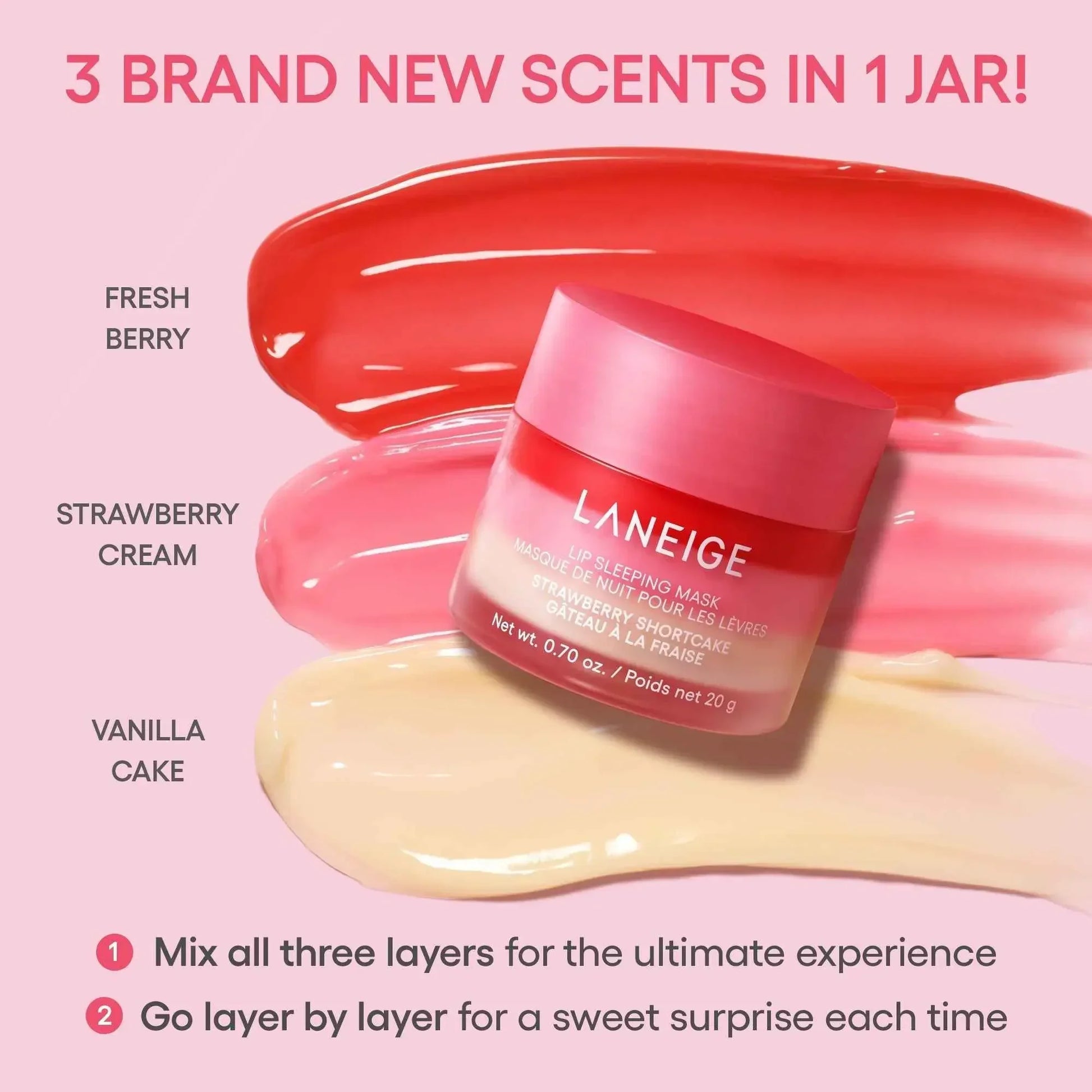 Laneige lip sleeping mask displayed with luxurious creamy swatches in berry, pink, and vanilla shades.