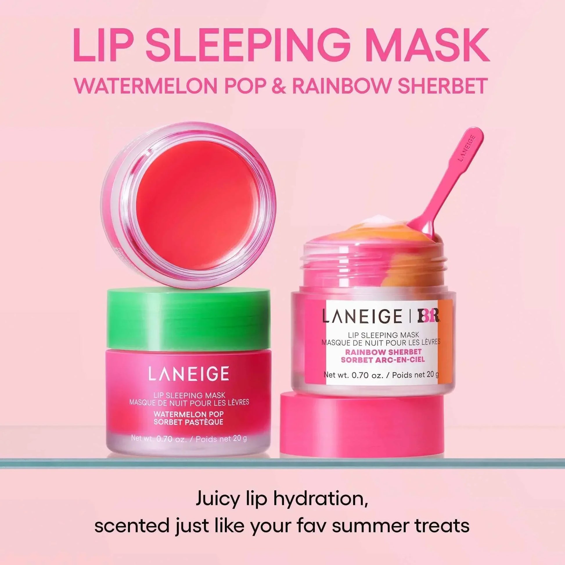 Luxurious Laneige lip sleeping masks in vibrant pink and green jars with creamy, glossy texture.