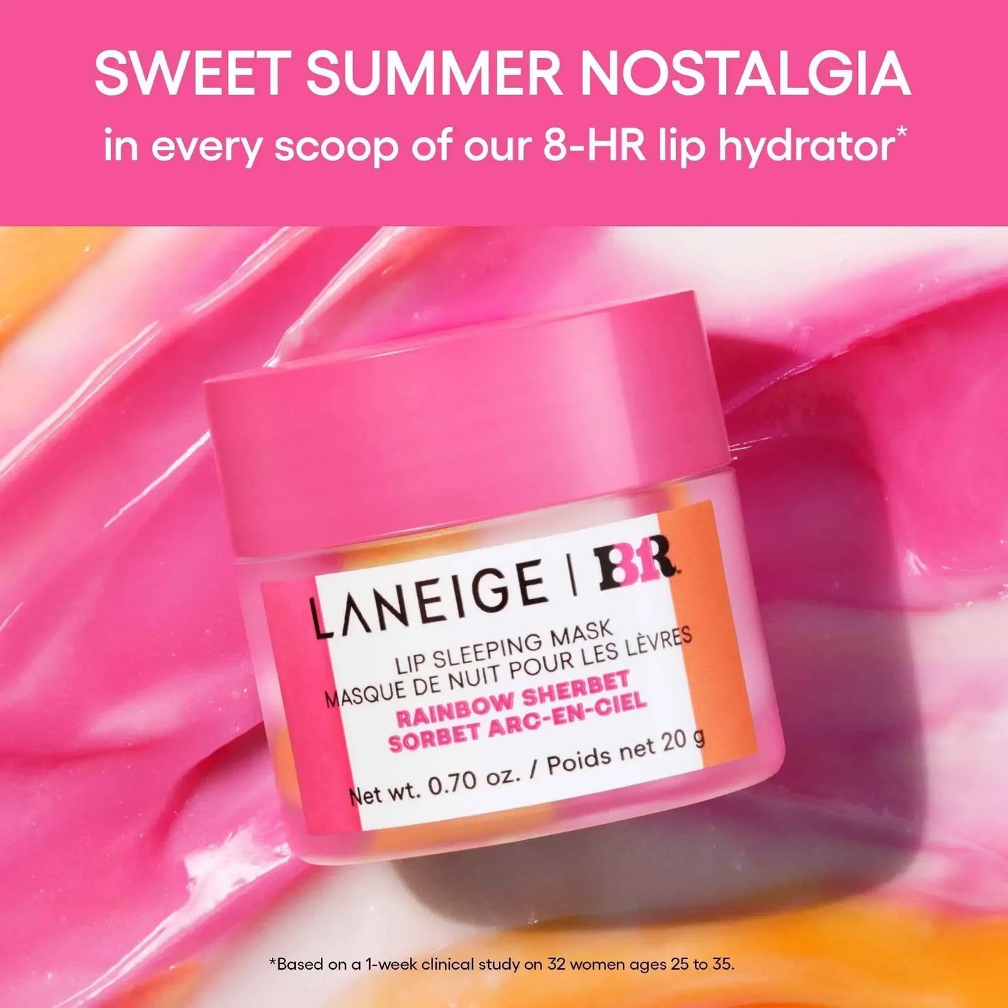 Pink jar of lip sleeping mask with creamy rainbow sherbet swirls, luxurious glossy texture.
