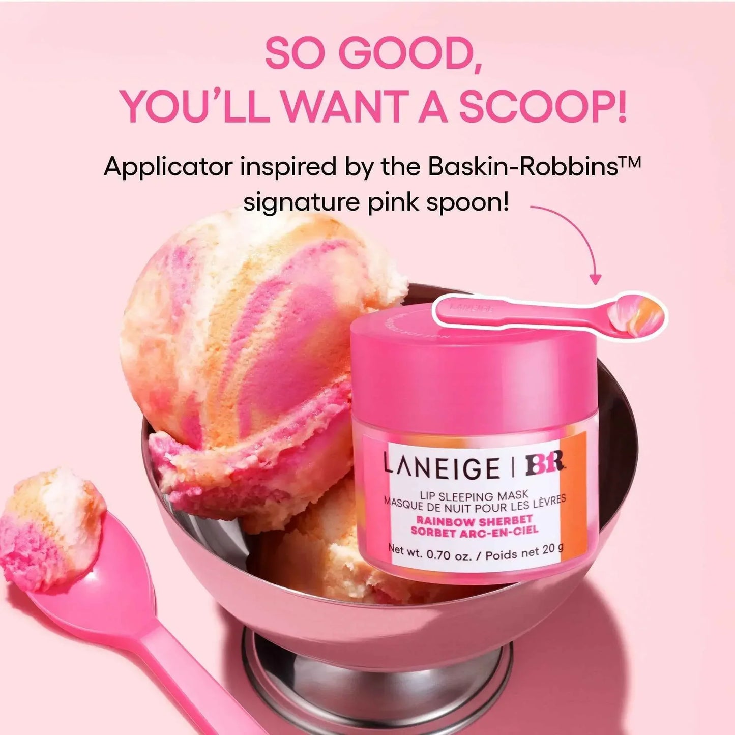 Laneige Lip Sleeping Mask Rainbow Sherbet in a luxurious pink jar with creamy texture, set beside vibrant pink and yellow sherbet scoops and a matching applicator spoon.