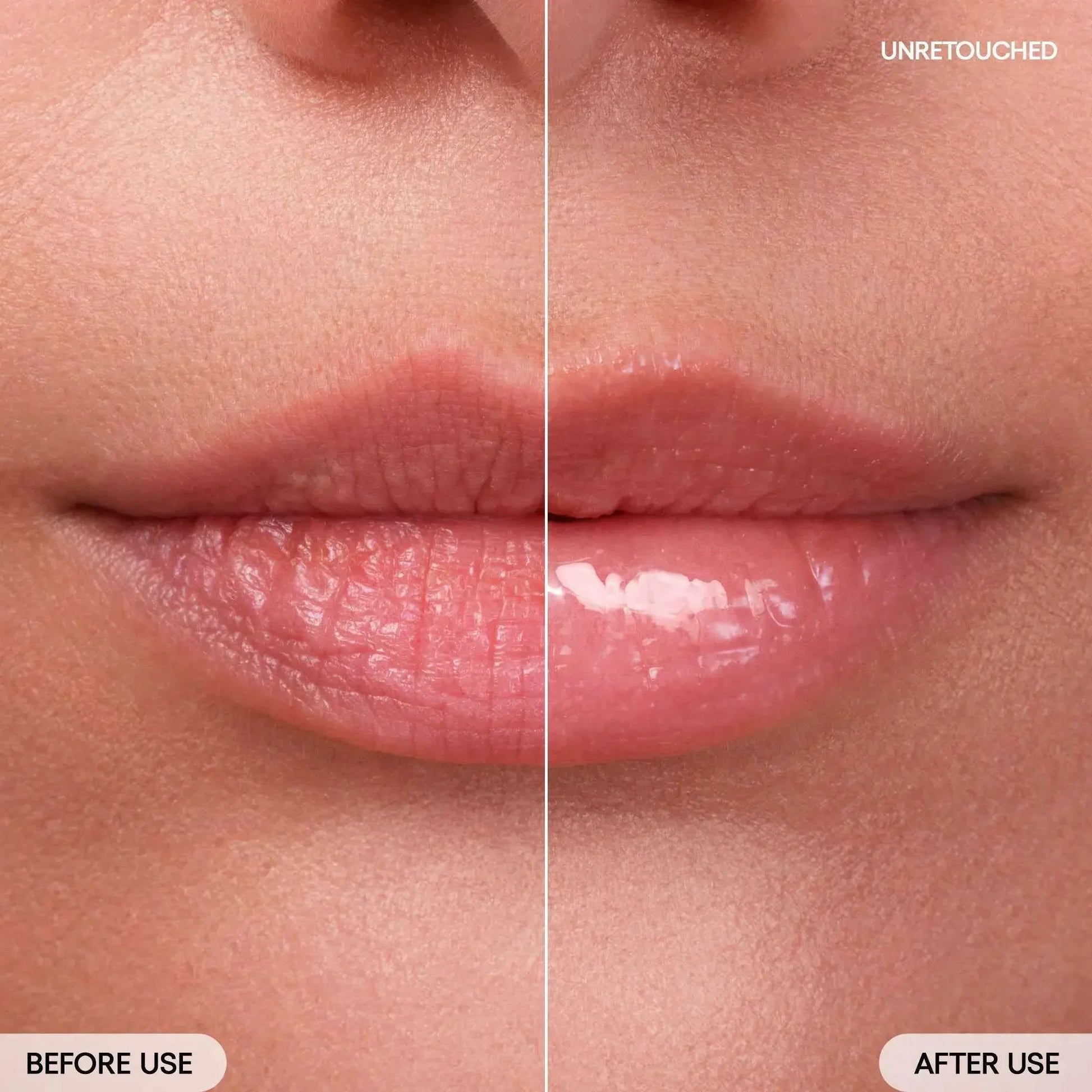 Close-up split image showing lips before and after using a hydrating lip mask, highlighting a transformation from dry, textured lips to smooth, glossy lips with a dewy finish.