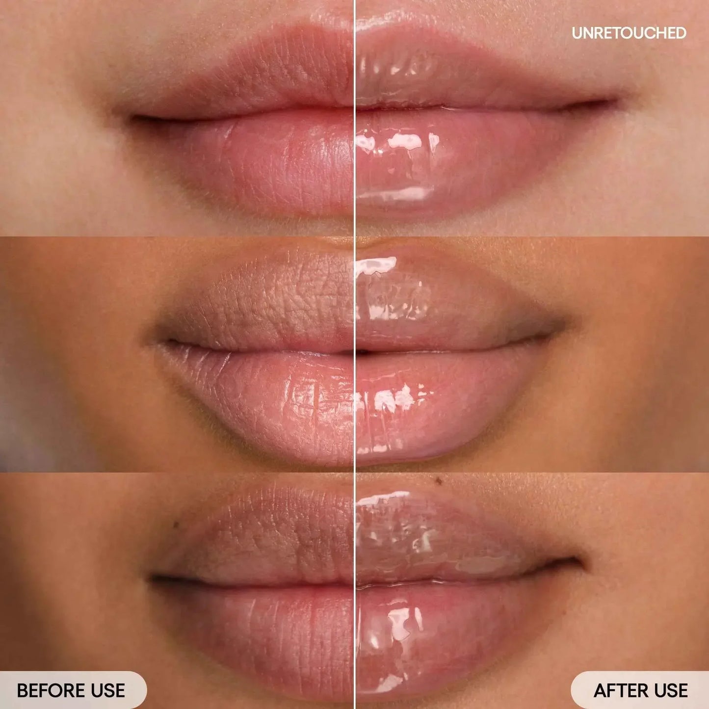 Before and after comparison of lips with a glossy, dewy finish and visibly smoother texture.