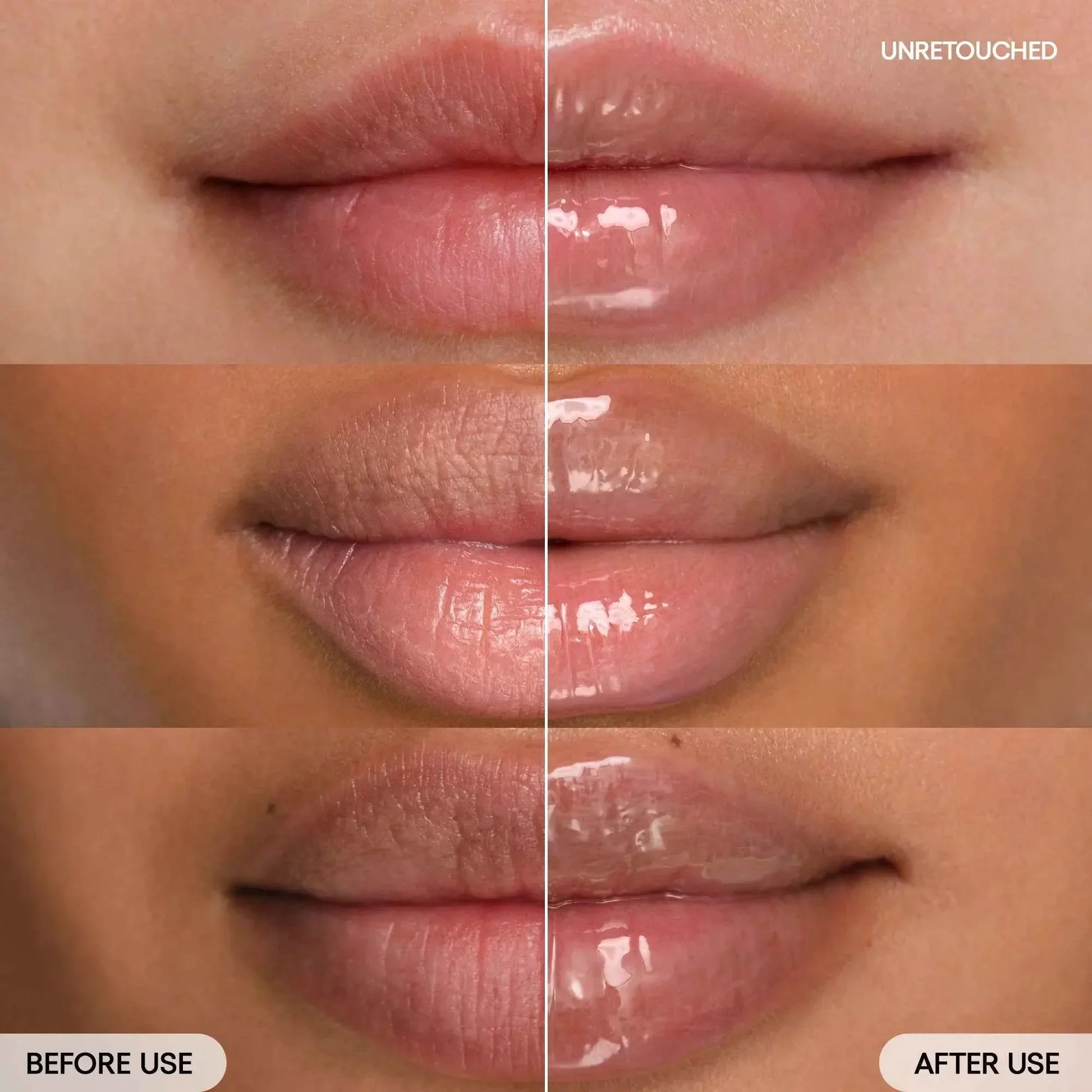 Before and after comparison of lips with a glossy, dewy finish and visibly smoother texture.