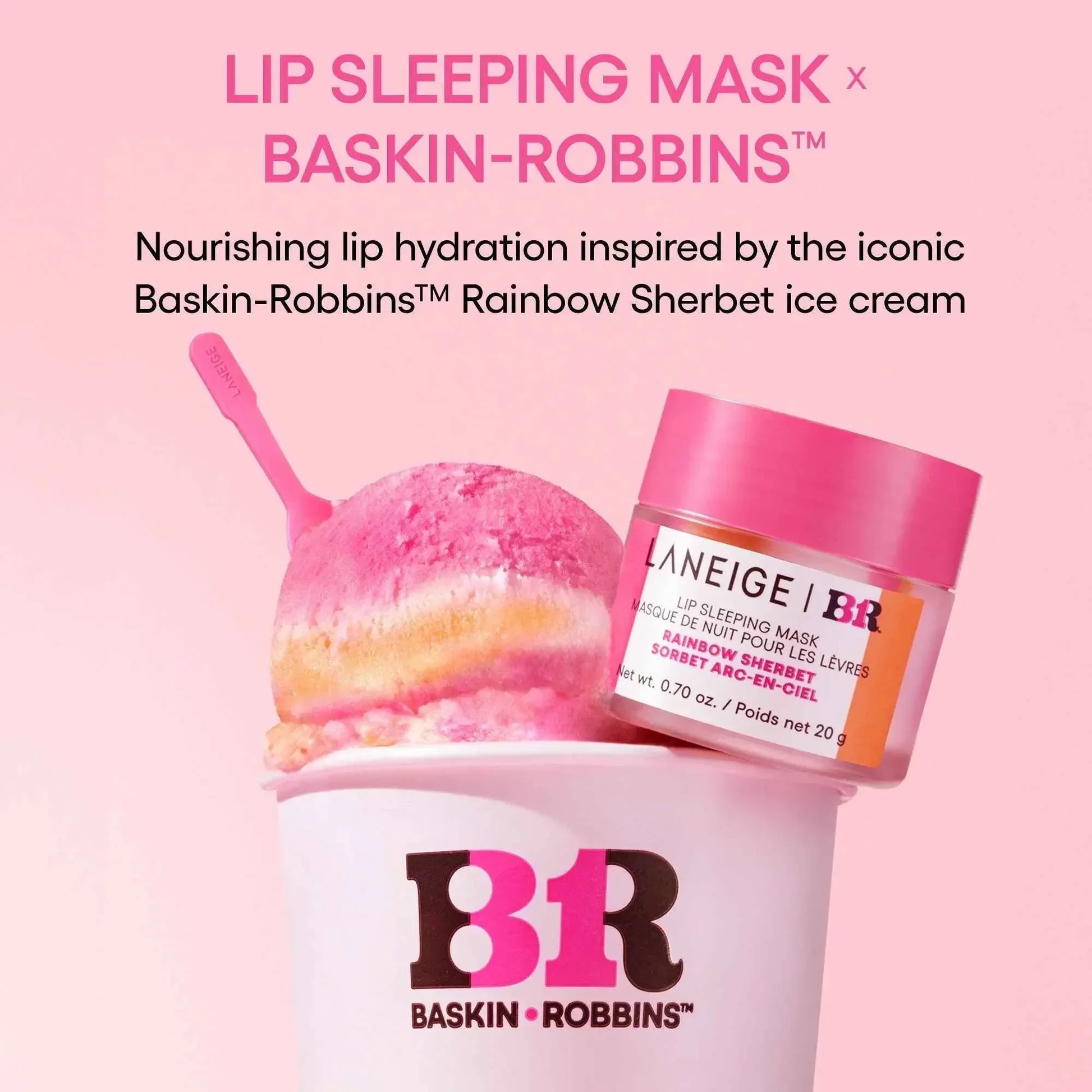 Luxurious pink Laneige lip sleeping mask with creamy texture beside vibrant rainbow sherbet ice cream in a Baskin Robbins cup.