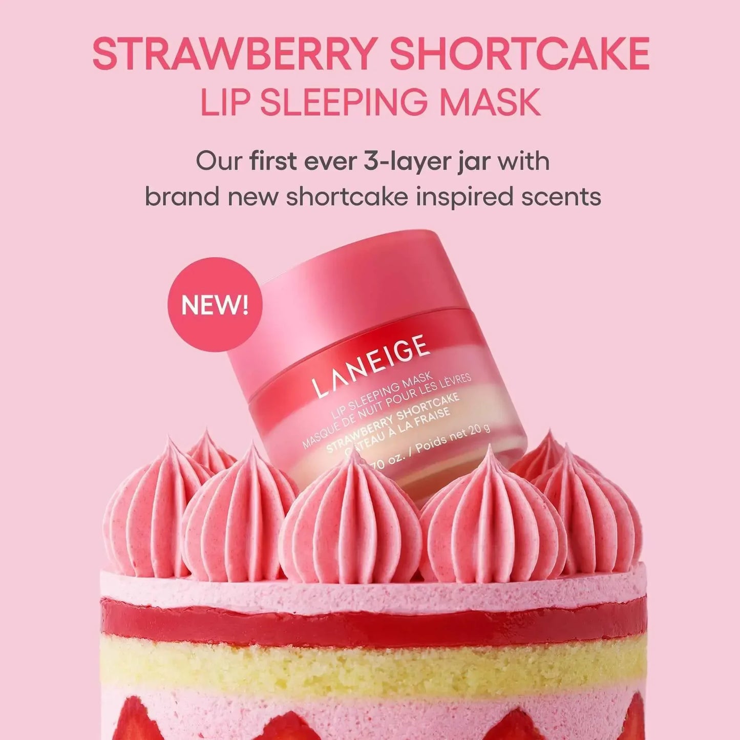 Laneige lip sleeping mask in a pink jar with creamy texture, placed on a vibrant strawberry cake.