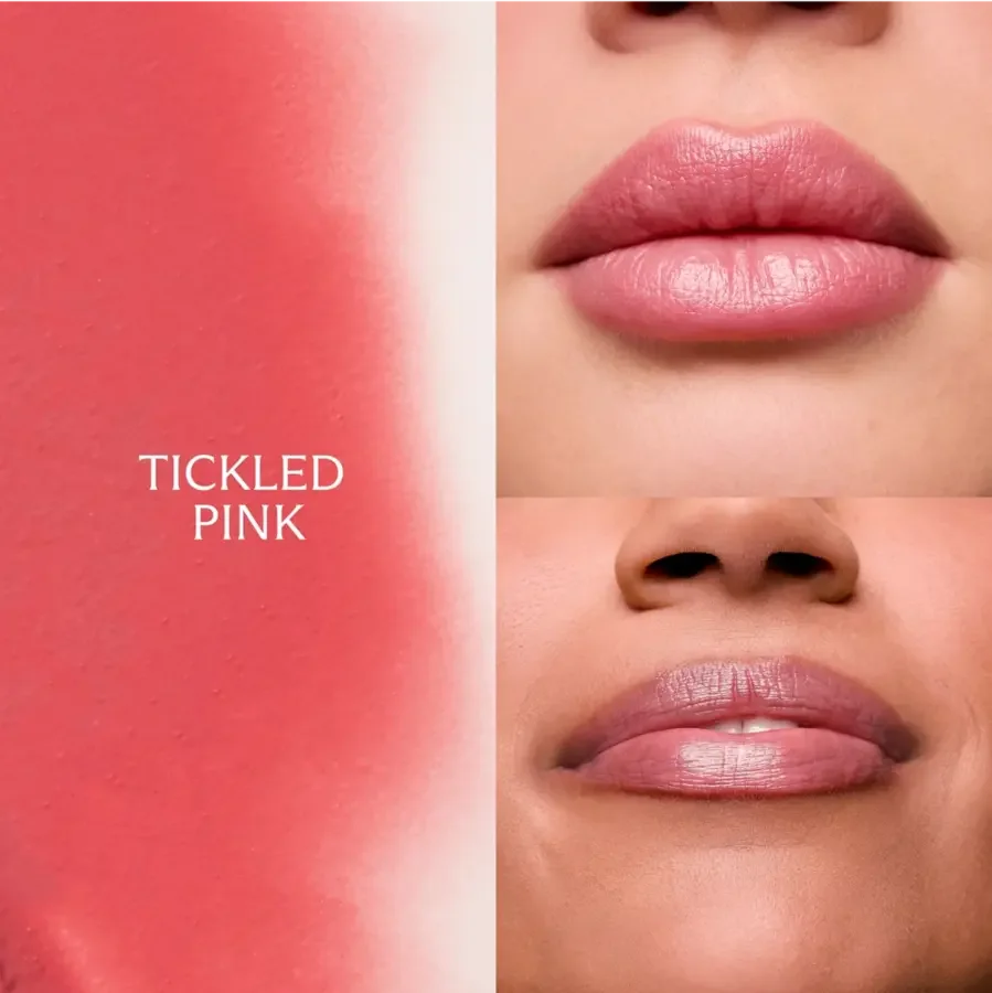 Tickled Pink lip color swatch with close-up of lips wearing creamy, rosy pink lipstick