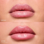 Before and after close-up of lips with a creamy, pink lip color applied for a dewy, vibrant finish.