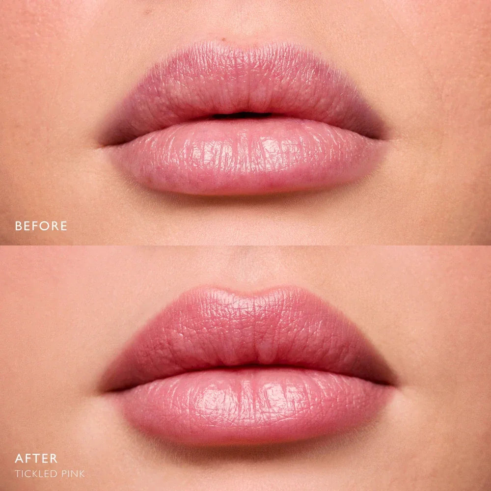 Before and after close-up of lips with a creamy, pink lip color applied for a dewy, vibrant finish.