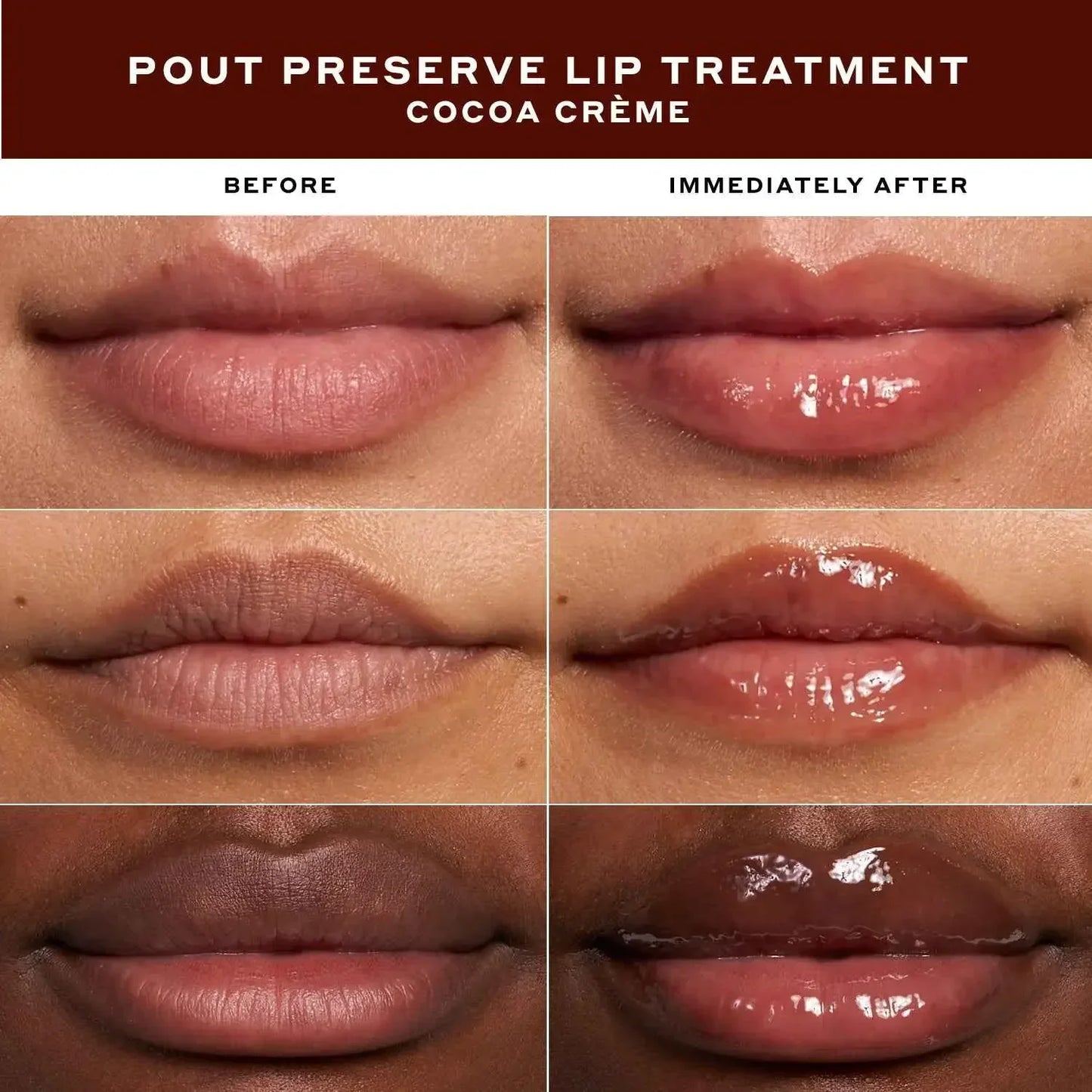 Before and after photos of lips showing a glossy, hydrated finish after applying peptide lip treatment.