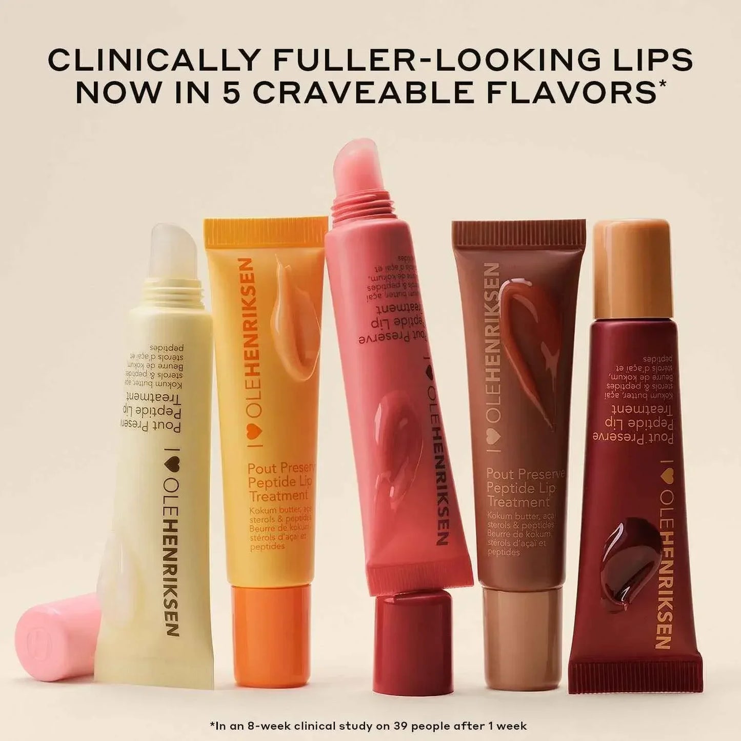 Five Ole Henriksen lip treatment tubes in vibrant shades with creamy, glossy textures on display.