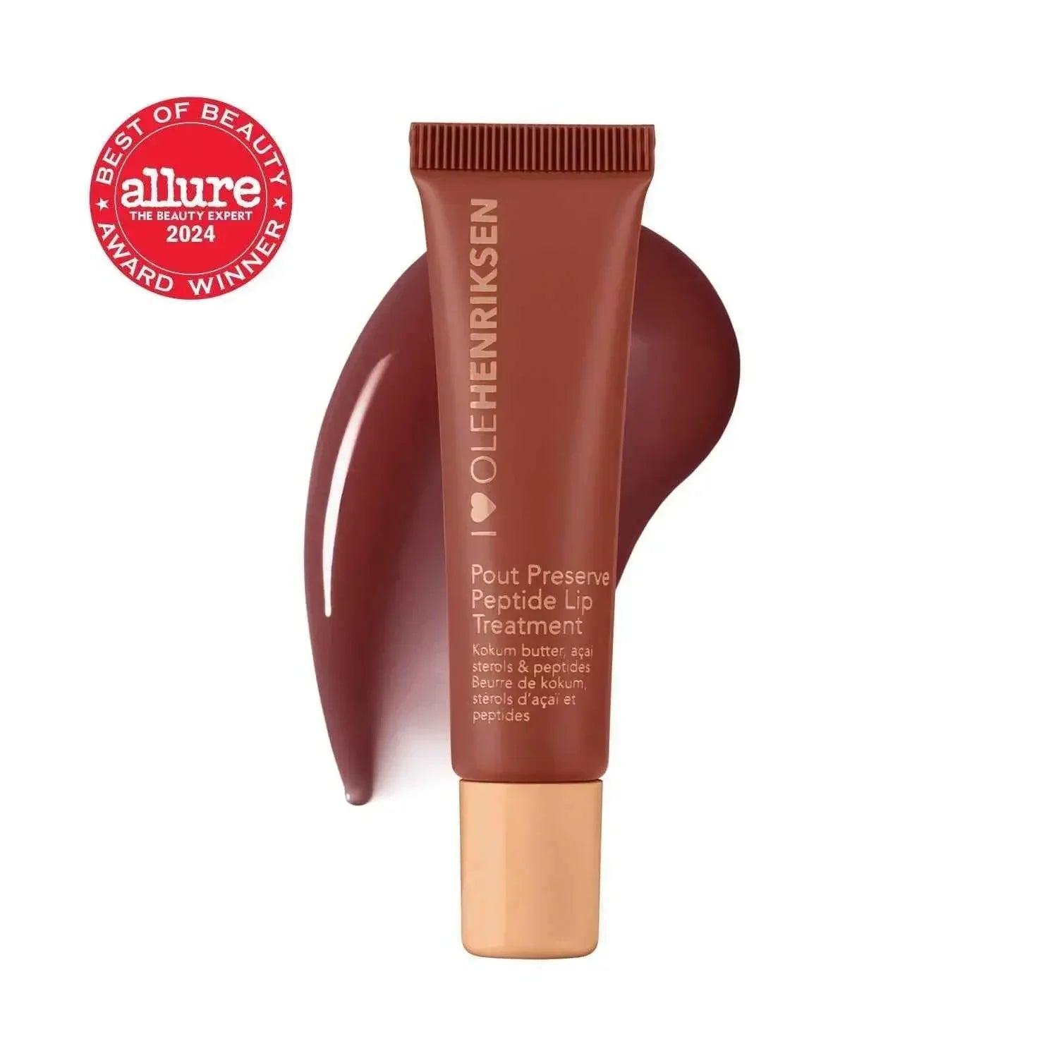 Luxurious mauve lip treatment tube with creamy, glossy texture and gold award badge.