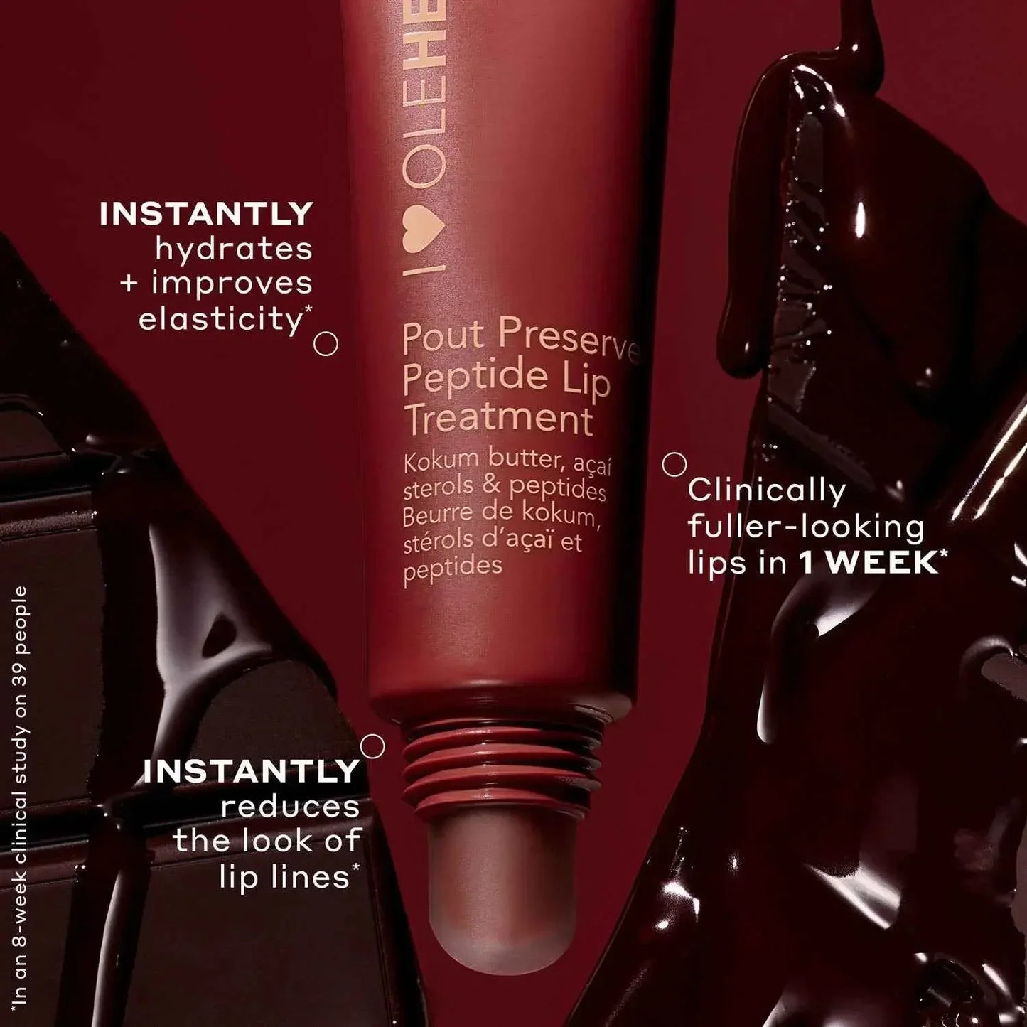 Luxurious maroon lip treatment tube with creamy texture and glossy dark chocolate accents