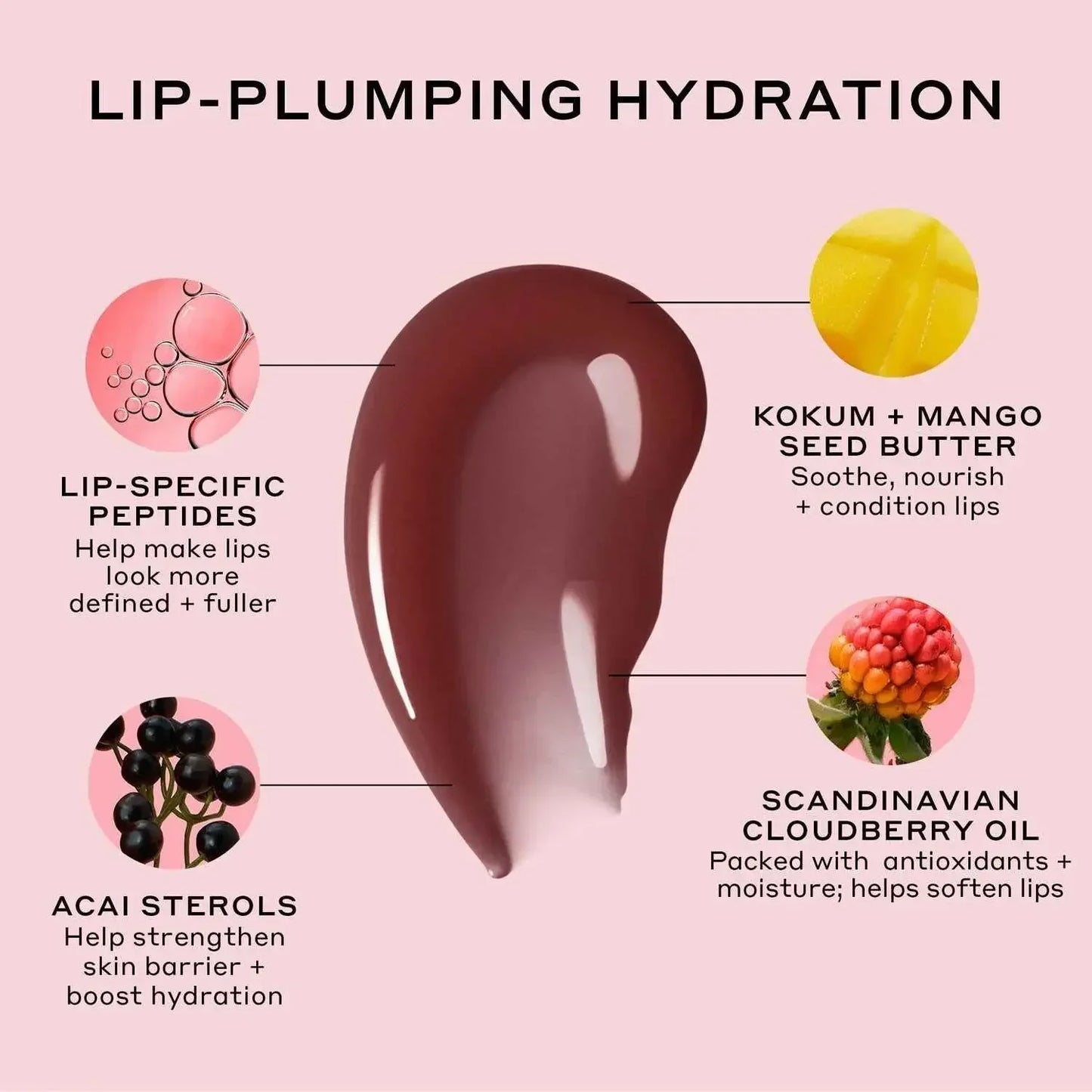 Plum-toned creamy lip treatment swatch with glossy finish, highlighting hydrating ingredients.