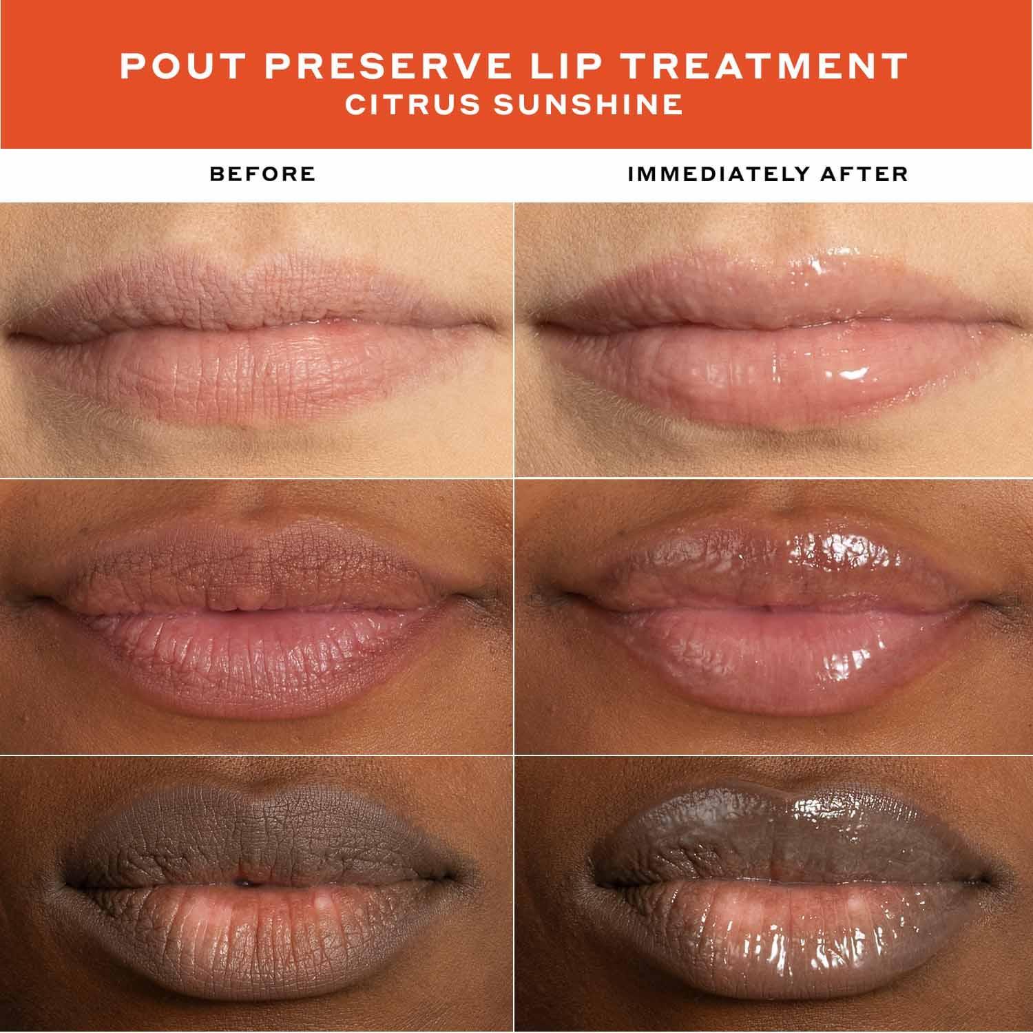 Before and after of lips showing glossy, hydrated finish after peptide lip treatment.