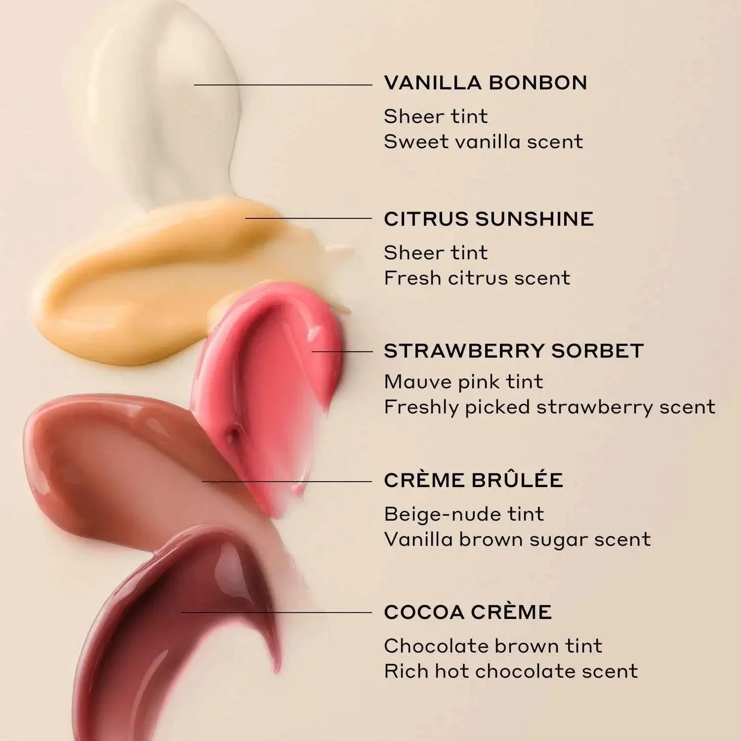 Five creamy lip treatment swatches in sheer ivory, yellow, mauve pink, beige-nude, and chocolate brown shades on a neutral background.