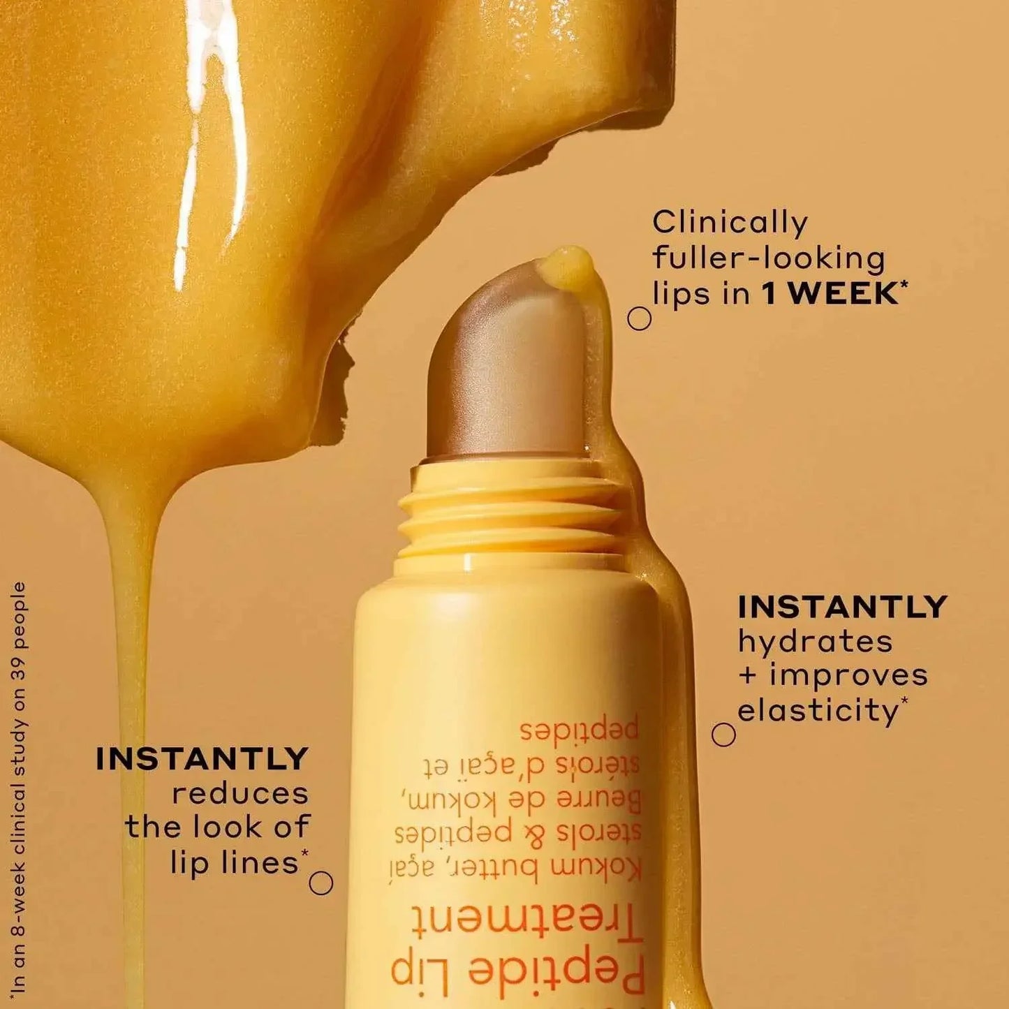 Luxurious golden lip treatment with creamy, glossy texture and sleek applicator on warm background.