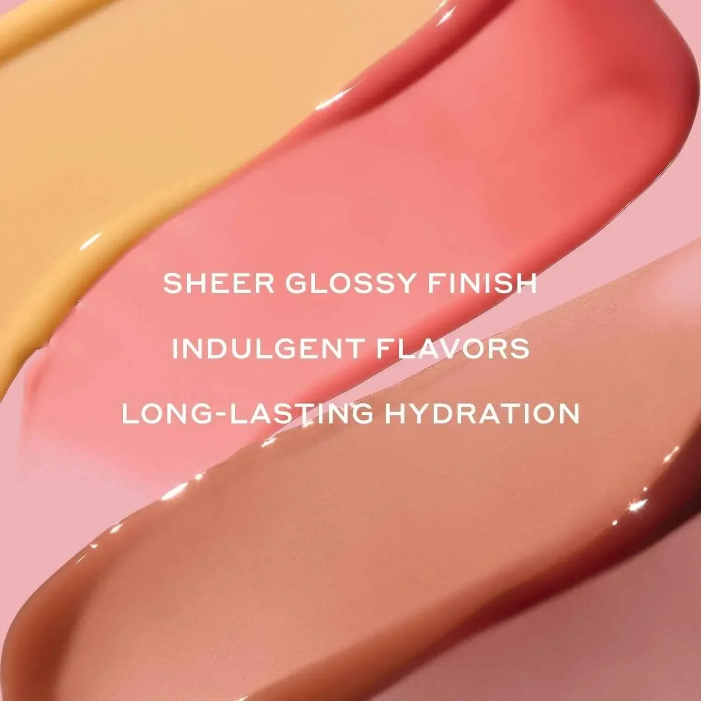 Glossy lip treatment swatches in peach, pink, and nude shades with dewy, hydrating texture.