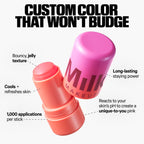Milk Makeup Jelly Tint stick with pink cap, infographic highlighting custom, long-lasting color.