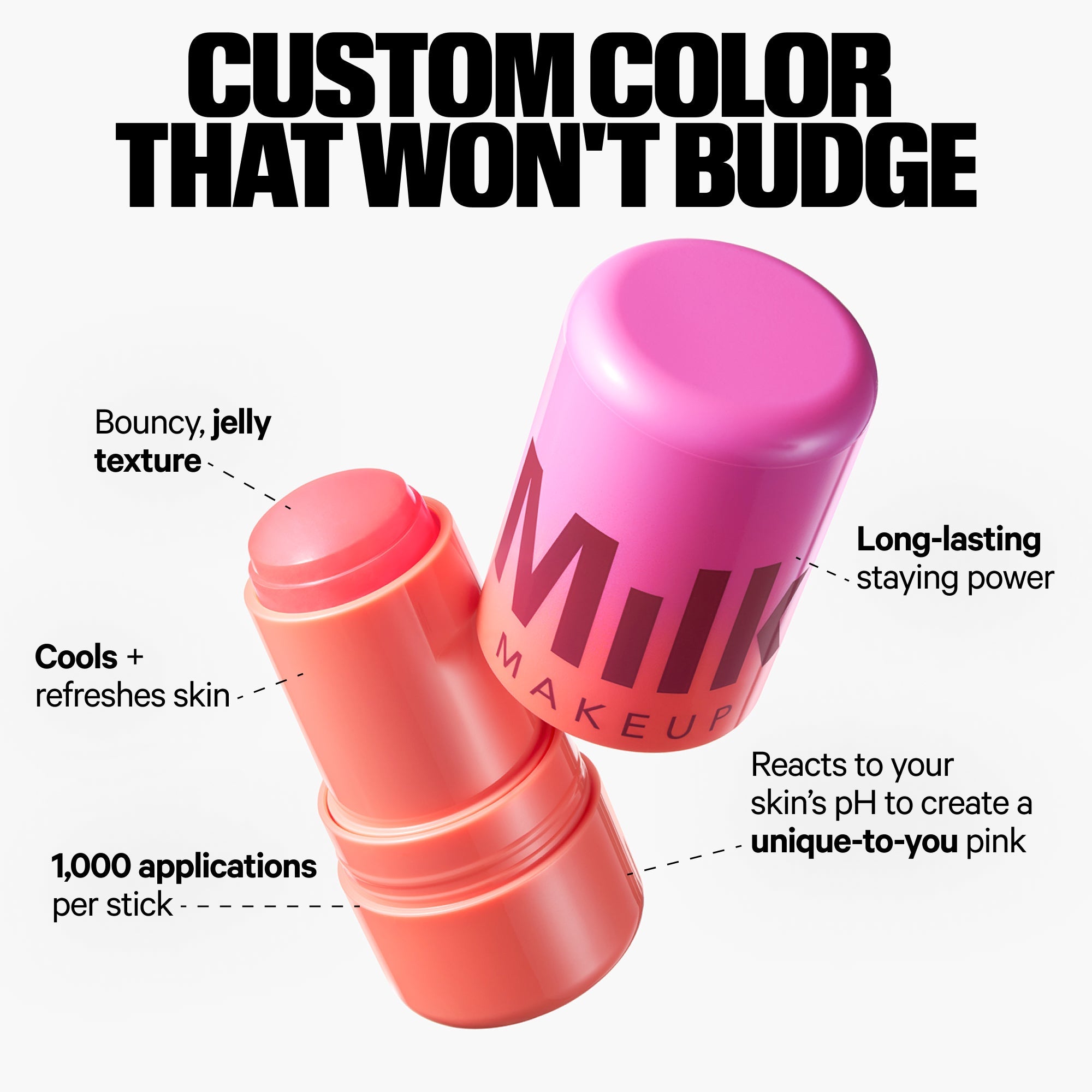 Milk Makeup Jelly Tint stick with pink cap, infographic highlighting custom, long-lasting color.