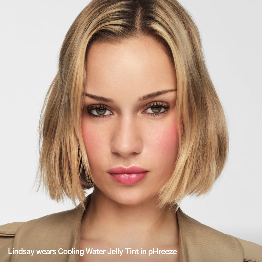 Woman with short blonde hair wearing pink Cooling Water Jelly Tint blush and lip color