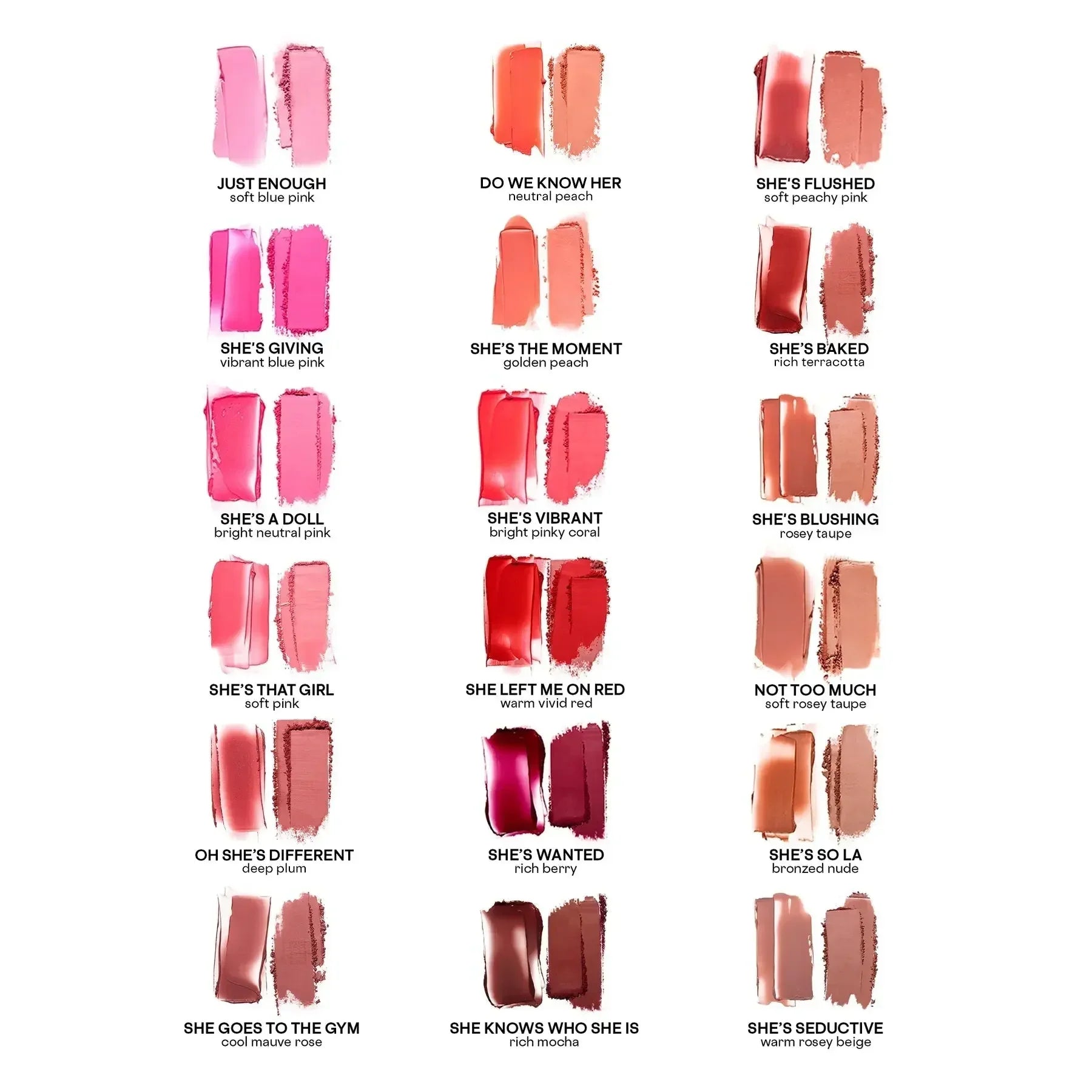 Luxury blush swatches in cream and powder textures, featuring pink, peach, red, plum, and nude shades.