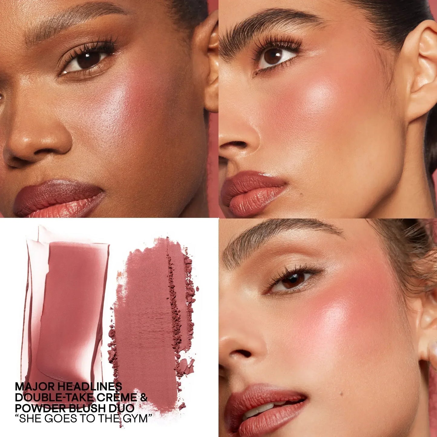 Luxury blush duo in rosy mauve shades with creamy and powder textures on diverse skin tones.