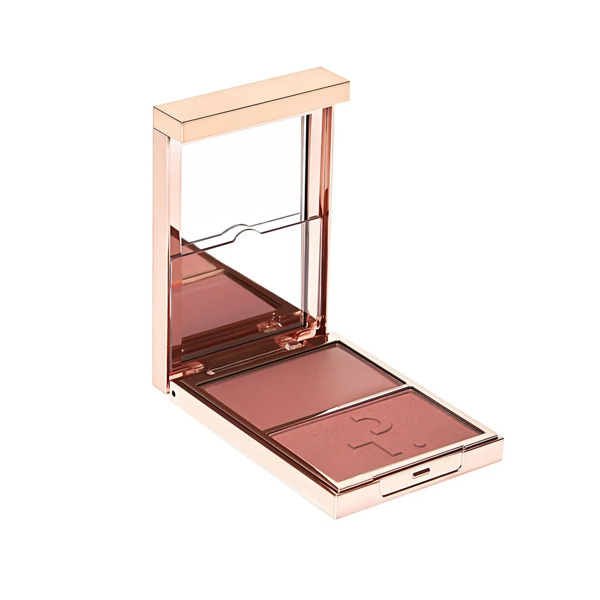 Luxurious blush duo palette with creamy and matte rose shades in a sleek gold compact.