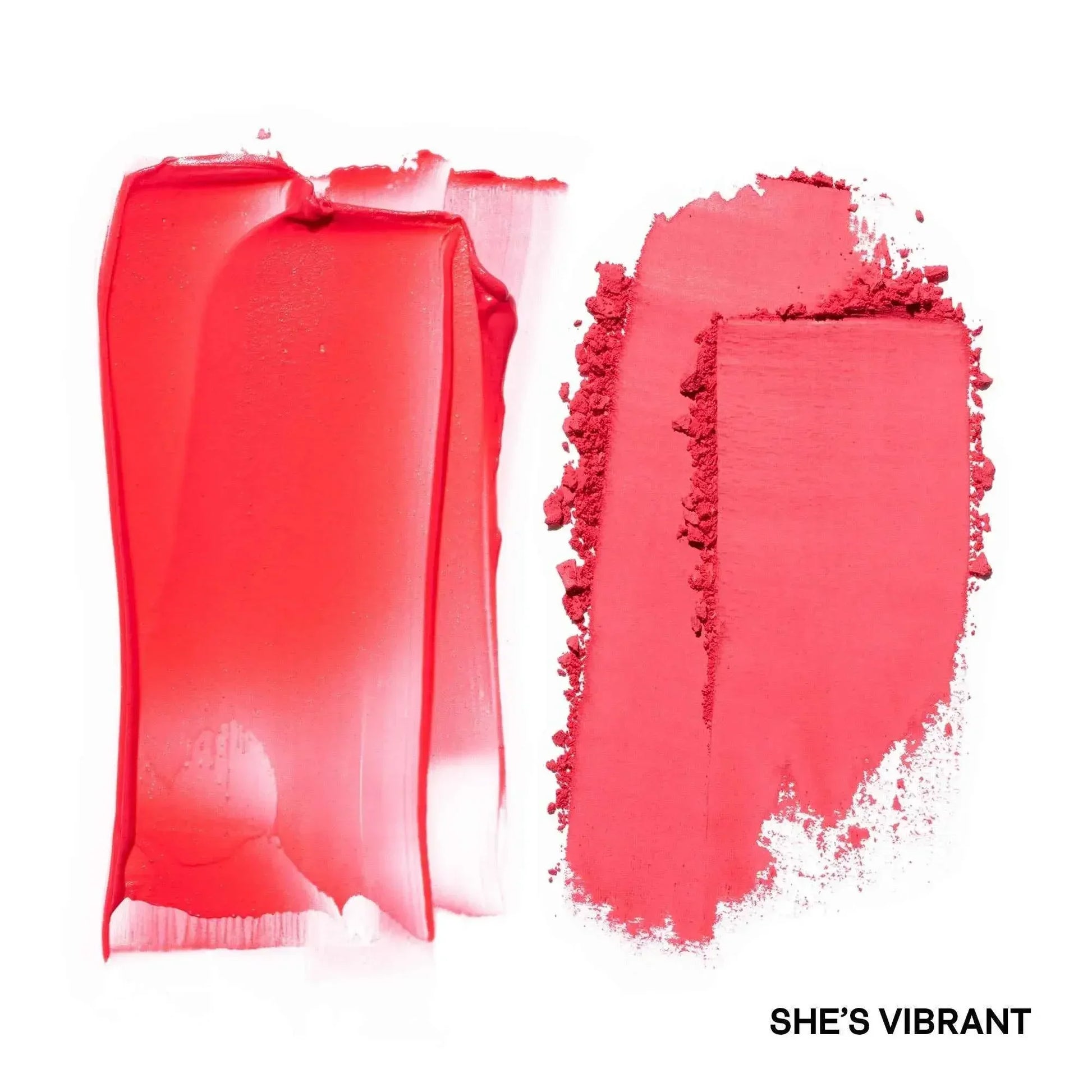 Vivid coral blush duo with creamy and powder textures, bold dewy and matte finishes