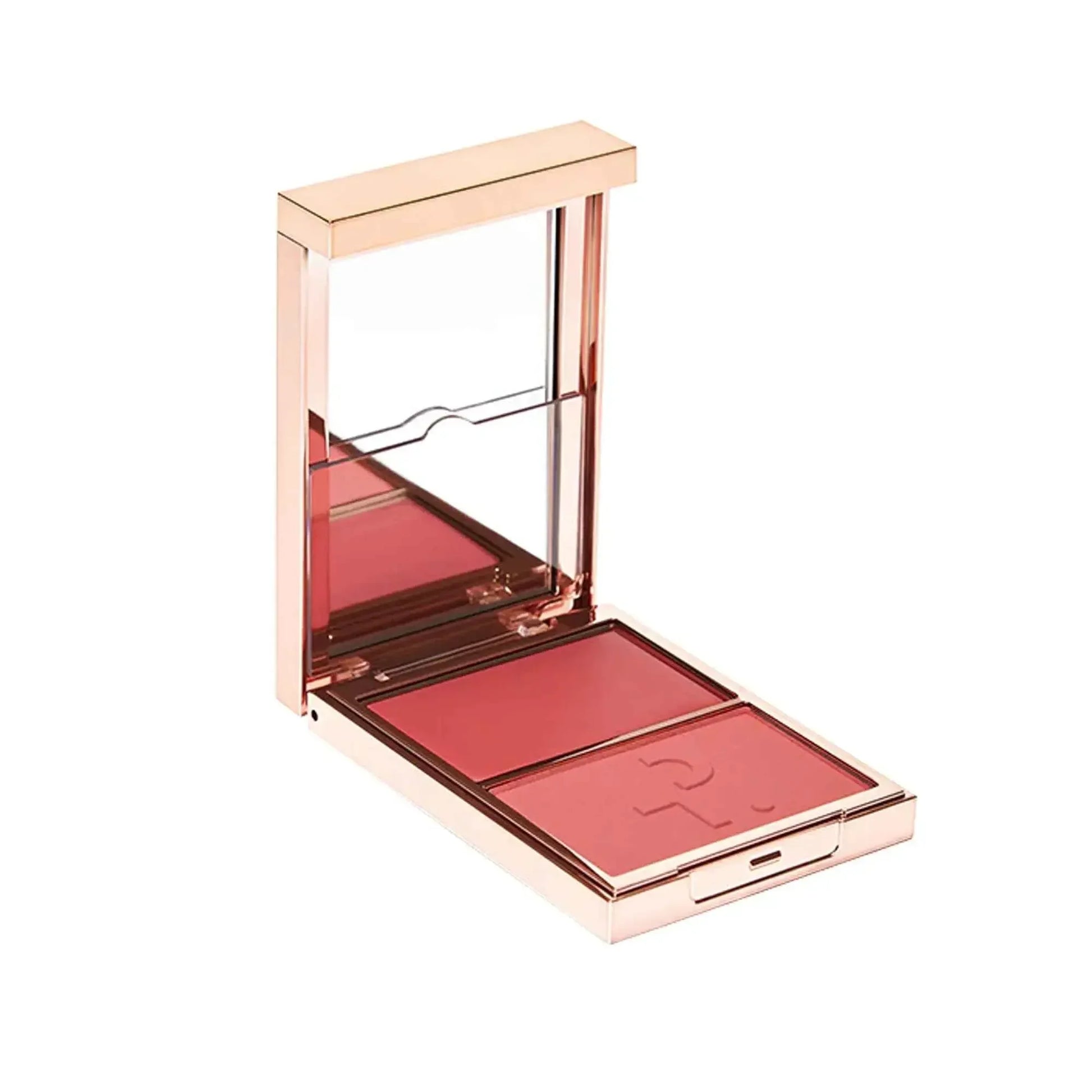 Luxury blush duo compact with mirror, featuring creamy and powder rose pink shades.