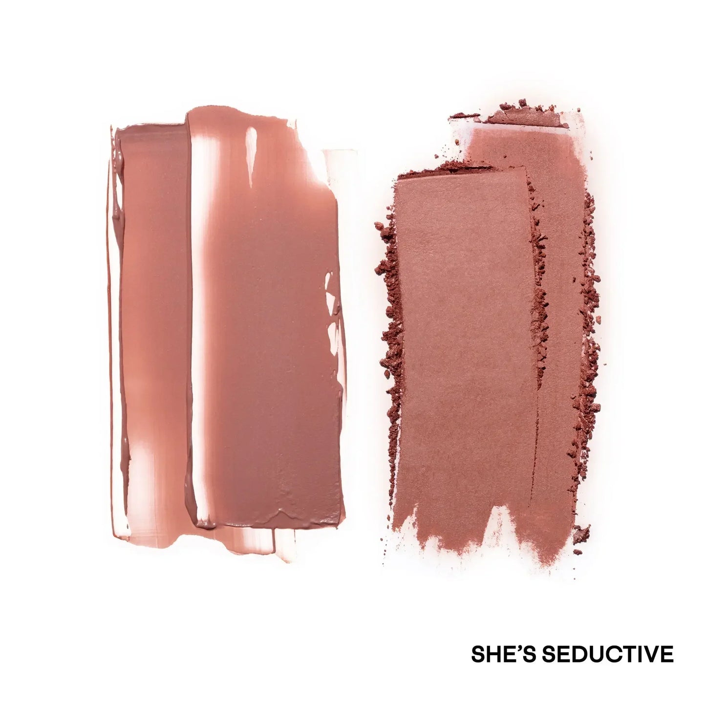 Rosy mauve blush swatches in creamy and powder textures on white background, dewy and matte finish