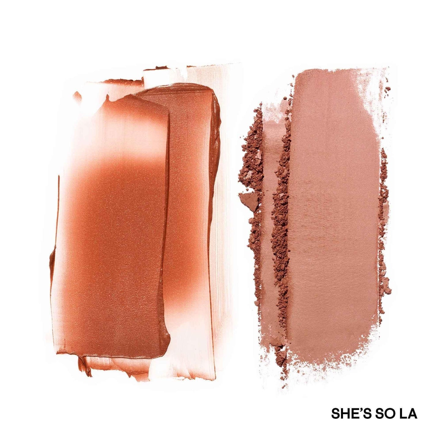 Warm terracotta blush swatches in creamy and powder textures, dewy and matte finishes