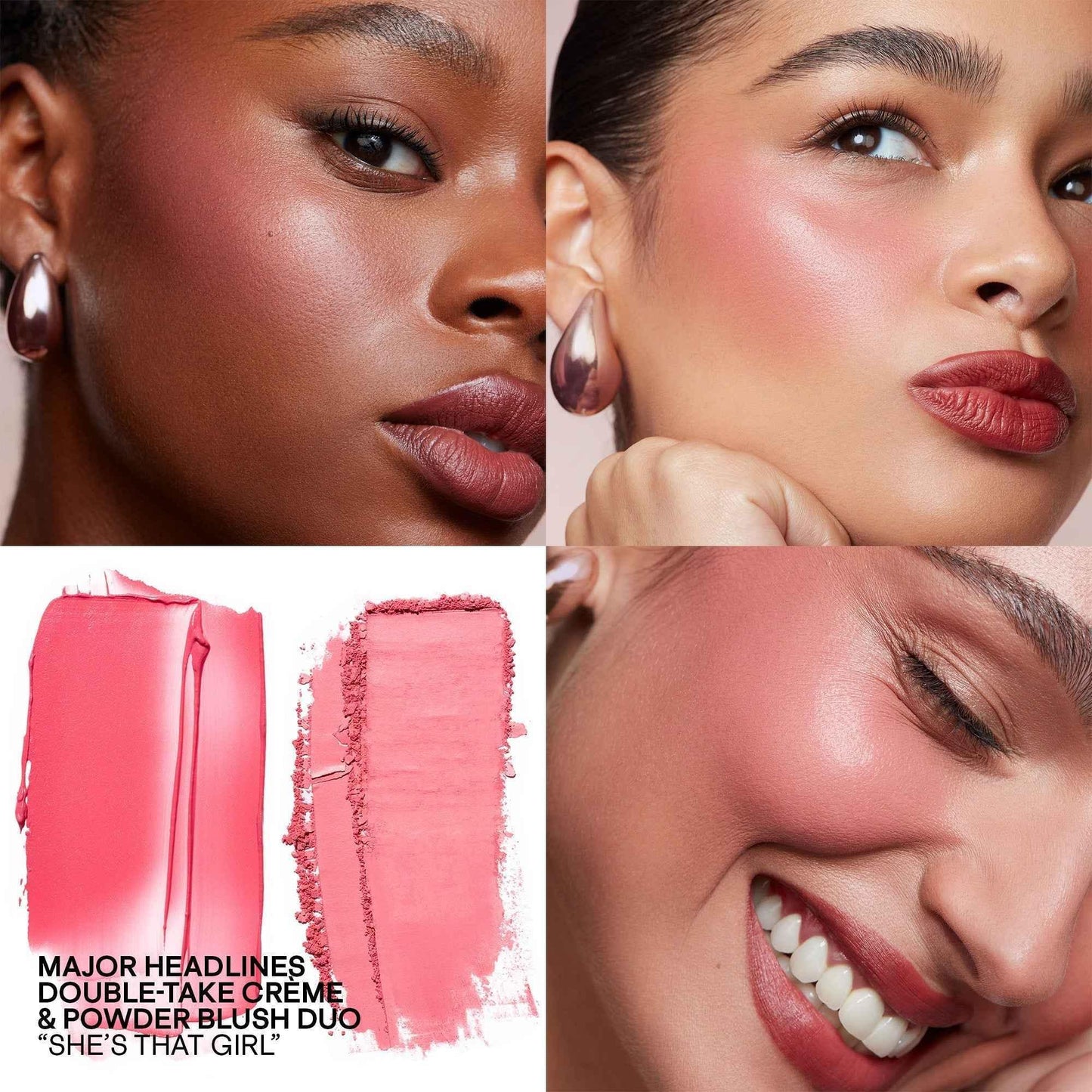 Vibrant pink crème and powder blush duo with dewy, radiant finish on diverse skin tones.