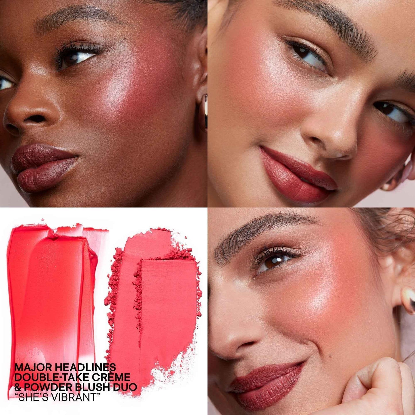 Vibrant pink crème and powder blush duo with dewy and matte finishes shown on diverse skin tones.