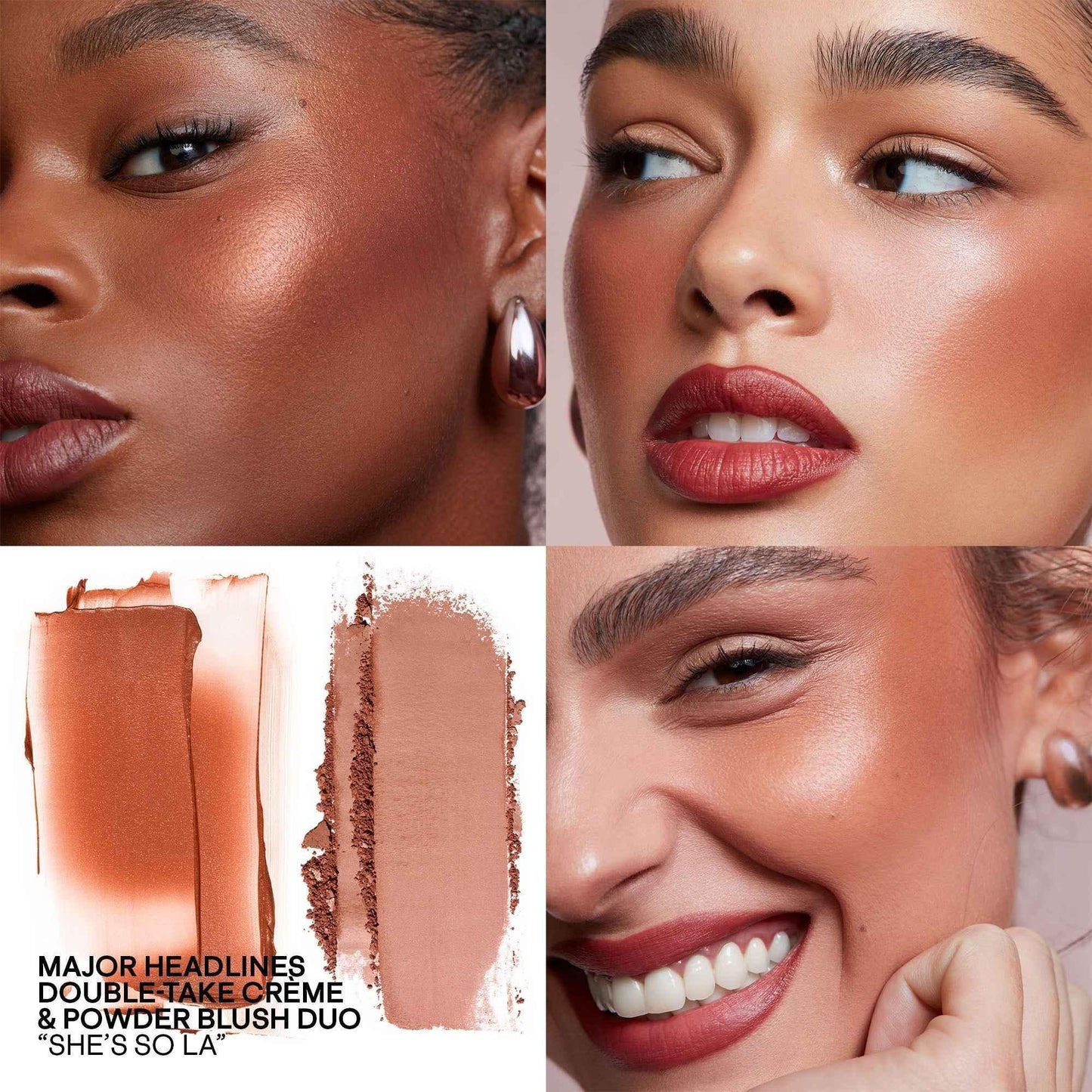 Crème and powder blush duo in warm rose tones, shown on diverse skin with radiant, dewy finish.
