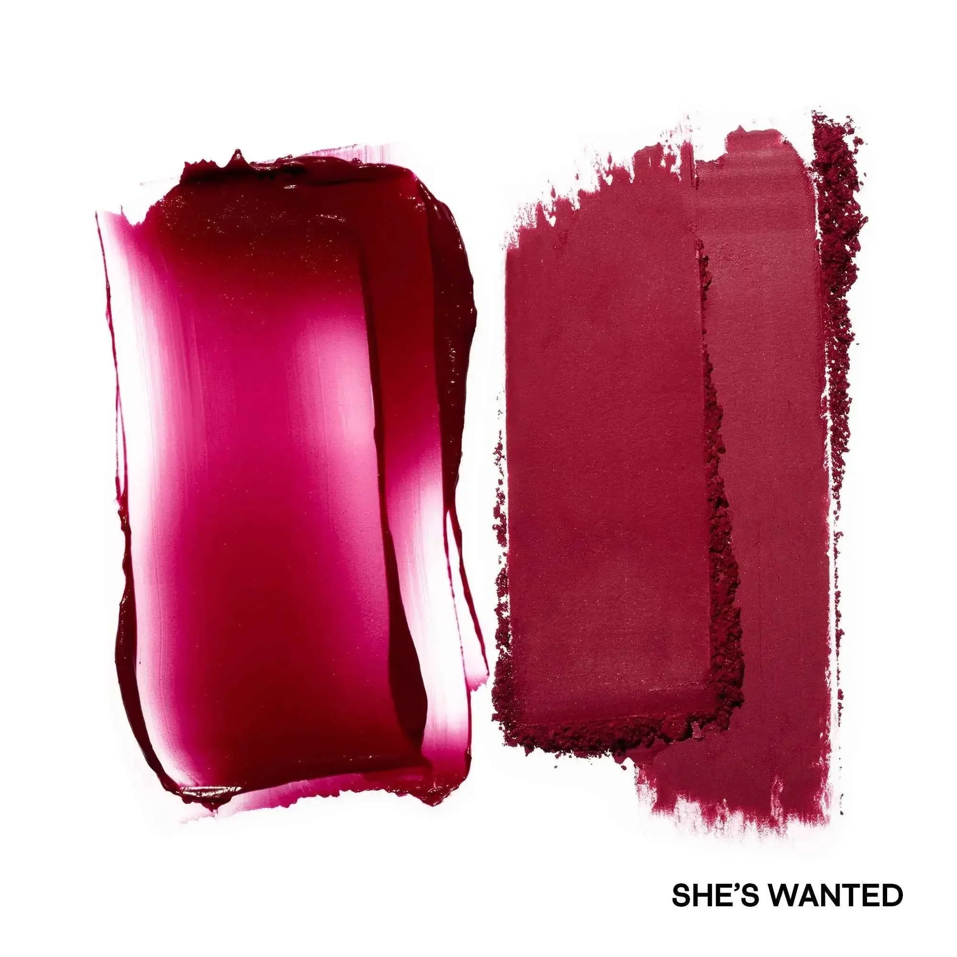 Rich berry creme blush with dewy finish and matching matte powder blush swatch on white