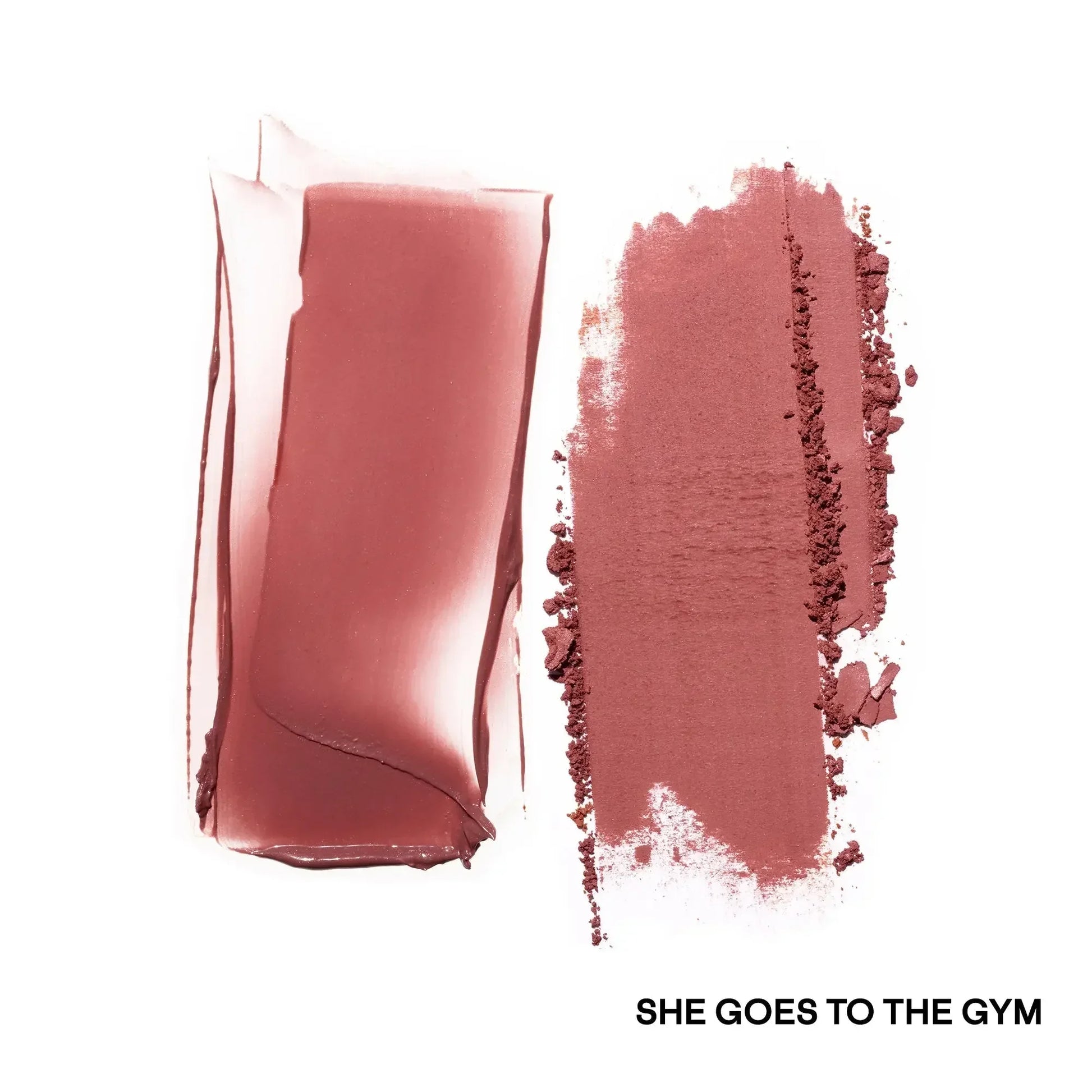 Rose mauve blush cream with dewy finish and matching matte powder swatch on white background