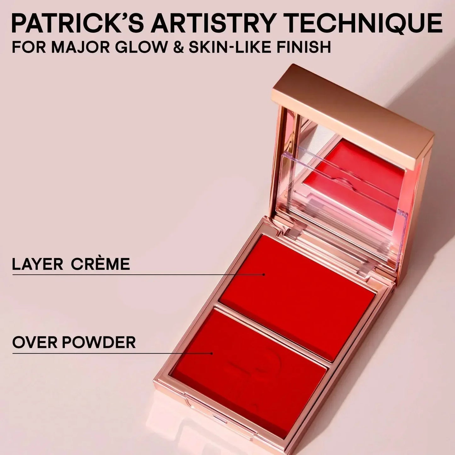Luxury blush duo with vibrant red crème and powder textures in a sleek compact