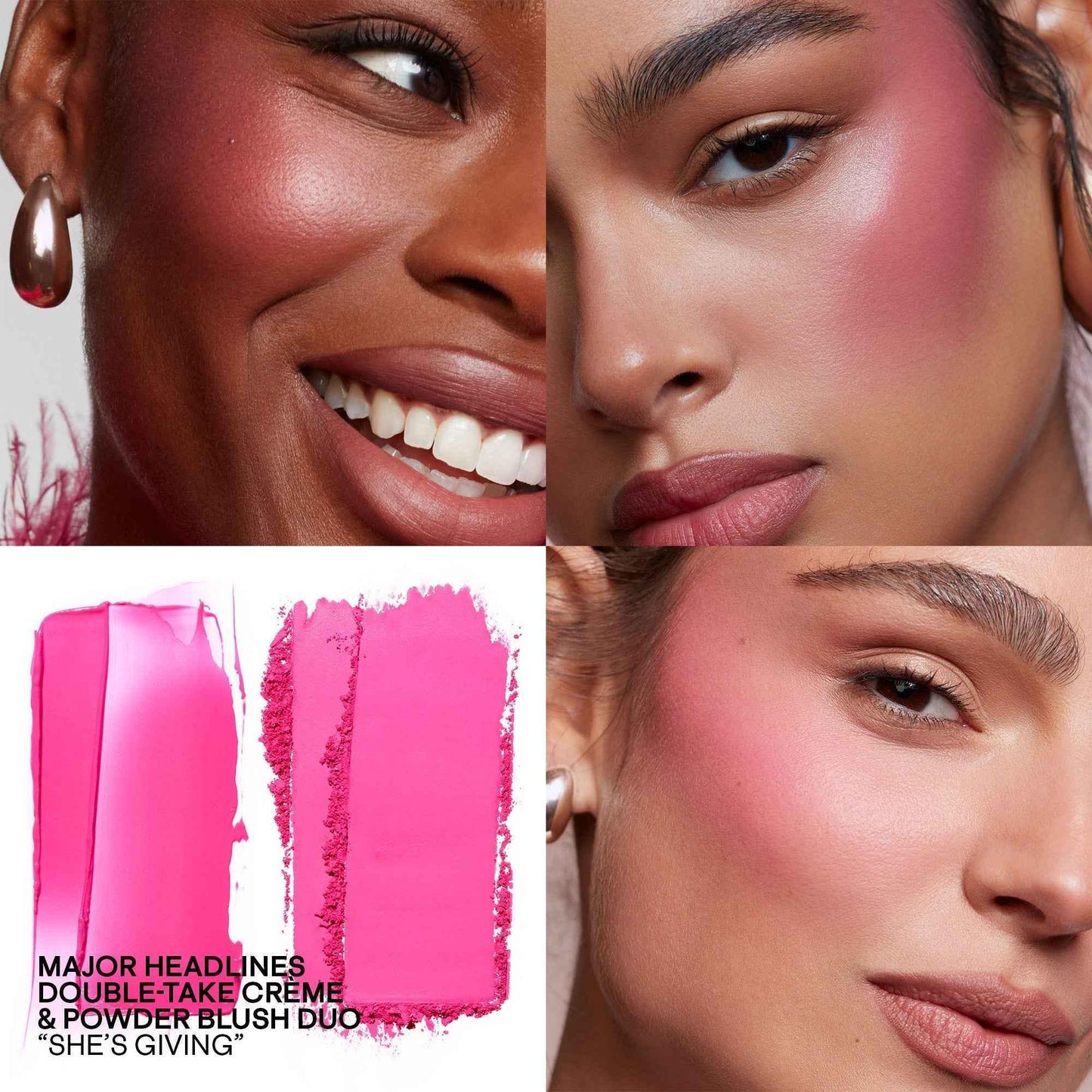 Luxurious creme and powder blush duo in vibrant pink, shown on diverse models with radiant, dewy finishes.
