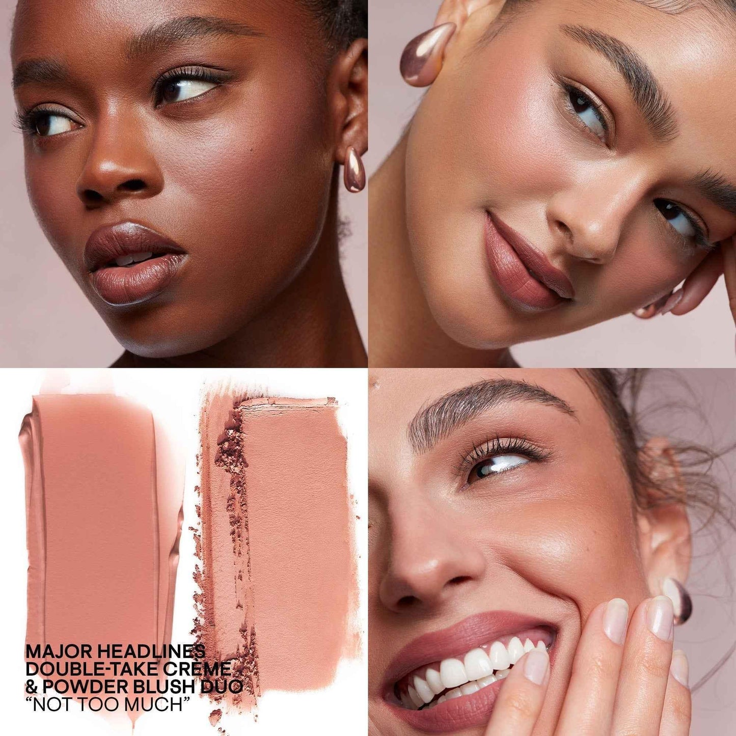Luxurious creme and powder blush duo in warm nude rose, shown on diverse models with radiant, dewy finish.